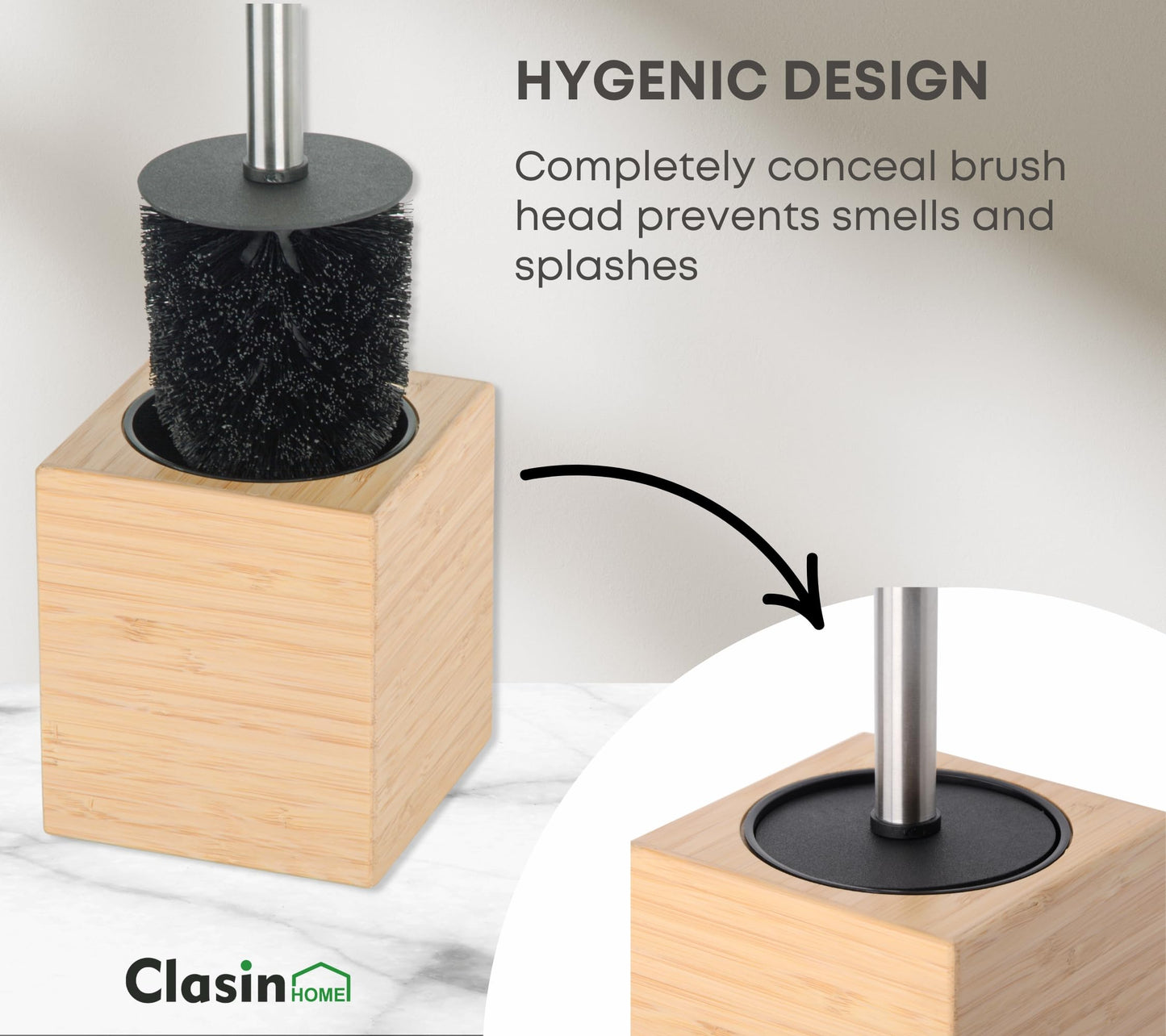 Clasin Home Toilet Bowl Brush Holder with Bamboo and Stainless Steel for Durable Use, Toilet Scrubber Brush with Long Handle for Easy Deep Cleaning, Compact Hidden Bathroom Toilet Cleaner Brush Set