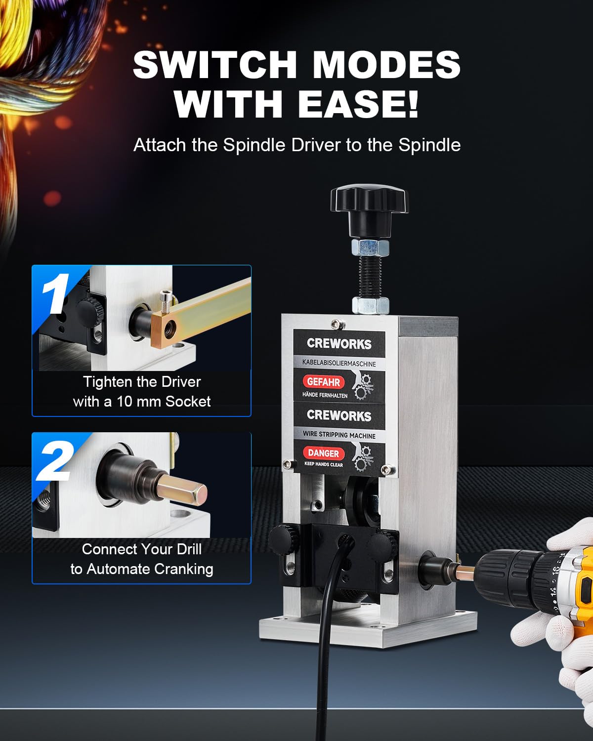 CREWORKS Manual Wire Stripper Machine, 0.06"-1" Wire Stripping Machine, Wire Stripping Tool for 1.5-25mm Scrap Wire, Drill Powered Cable Stripper for DIY Cable, Copper Wire Stripper for Leftover Cable