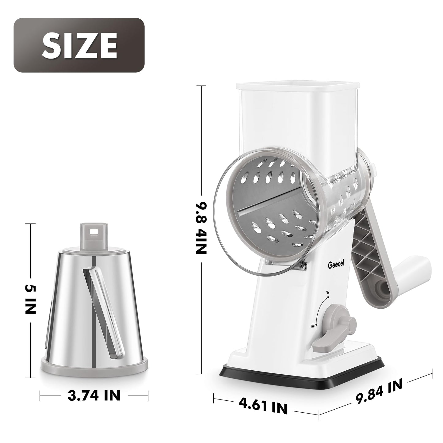 Geedel Rotary Cheese Grater - Upgraded Vegetable Shredder with 4 Interchangeable Blades, Easy to Clean Cheese Shredder with Handle, Kitchen Grater Nuts Grinder for Cutting Cheese, Vegetable, Nuts
