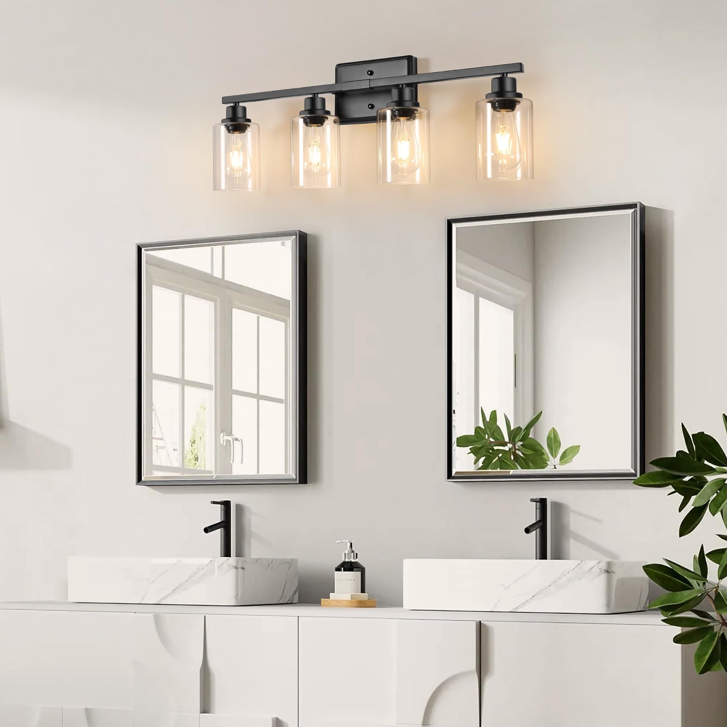 Ascher Bathroom Light Fixtures, 4-Light Vanity Lights with Clear Glass Shade, Modern Black Finish Wall Light for Mirror Bedroom Hallway Cabinet Porch