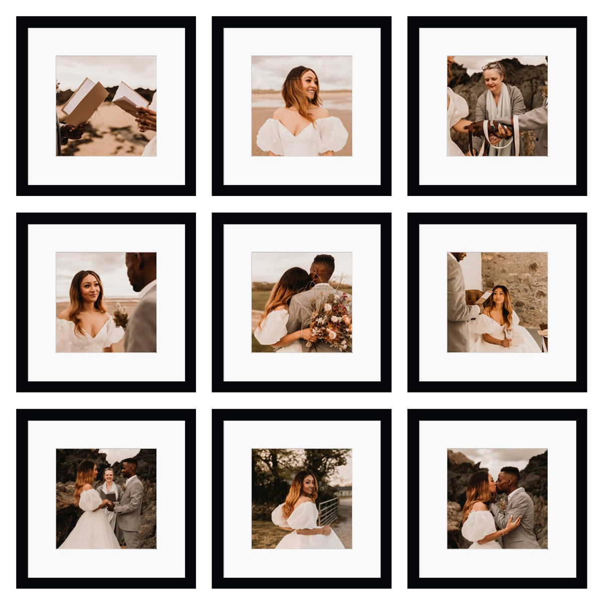 BSRHOME 12x12 Black Picture Frame Set of 9,Display Pictures 8x8 with Mat or 12 x 12 without Mat,Multi Collage Gallery Square Photo Frames for Wall or Tabletop