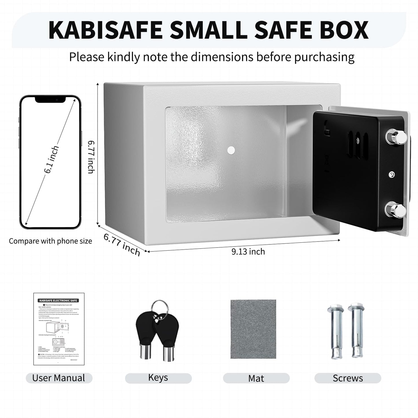 KABISAFE Safe Box 0.3 Cubic Feet, Small Safe with Digital Keypad and Key, Anti Theft Safe for Jewelry Watch Cash, Personal Money Safe for Home (White)
