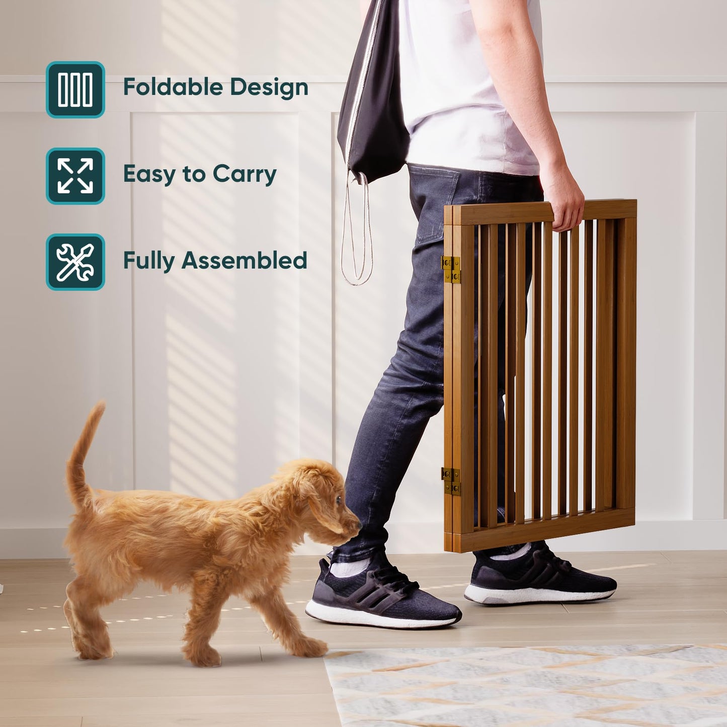 Freestanding Pet Gate with 2 Stands, Bamboo Dog Gates for Doorways, Dog Gates for The House, Puppy Gate for Stairs, Foldable Indoor Gate Safety Fence, 60cm Height-2 Panels Fully Assembled-Walnut