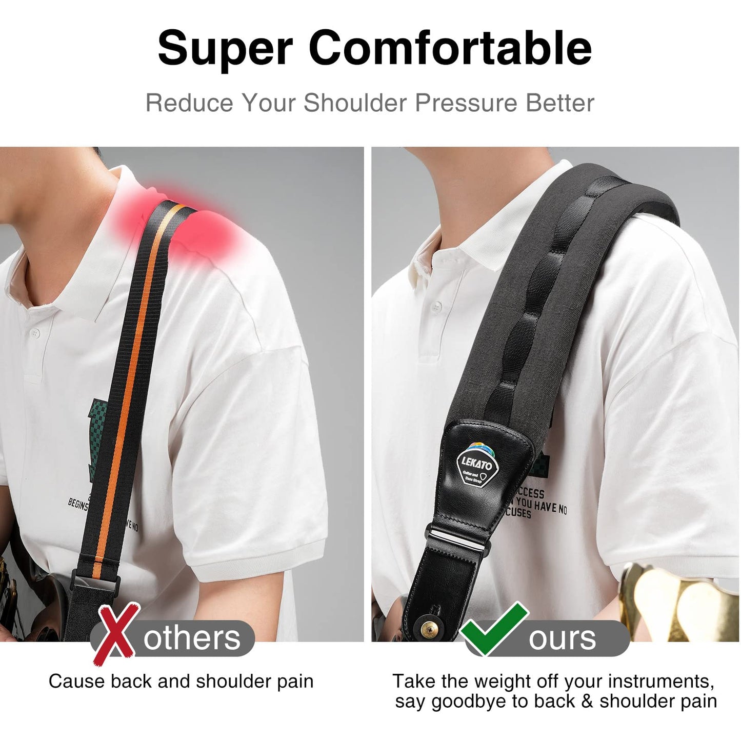LEKATO Bass Guitar Straps for Heavy Bass & Guitars with 3.5” Wide Guitar Strap Padded Thickened Foam Bass Straps Adjustable Length from 45" to 55" Bass Guitar Strap with 2 Strap Locks & 6 Picks-Black