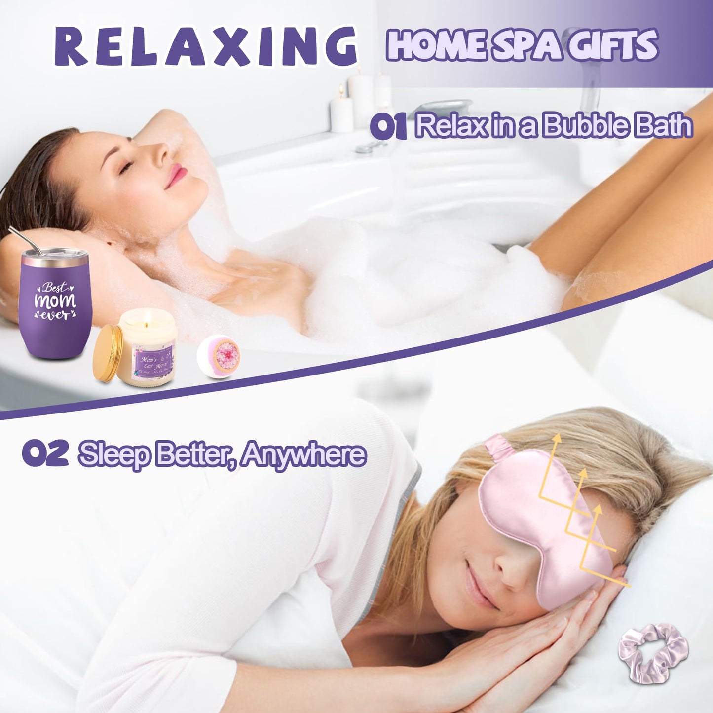 Gifts for Mom, 9PCS Unique Mom Birthday Gifts, Purple Lavender Relaxing Spa Get Well Soon Gift Basket Set for Mom, Mothers Day Gifts from Daughter Son