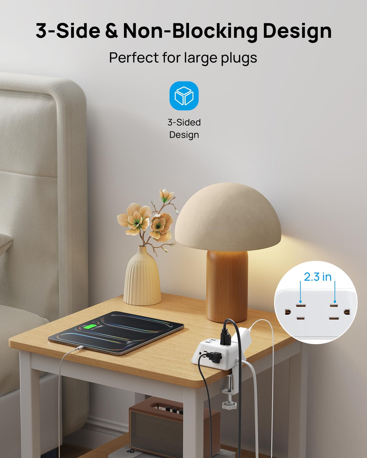 TROND Desk Clamp Power Bar Surge Protector with USB C Ports, Power Strip Charging Station with 5 Outlets, 6ft Slim Flat Plug Extension Cord Indoor, Fit 1.97" Tabletop Edge for Home Office Dorm, White