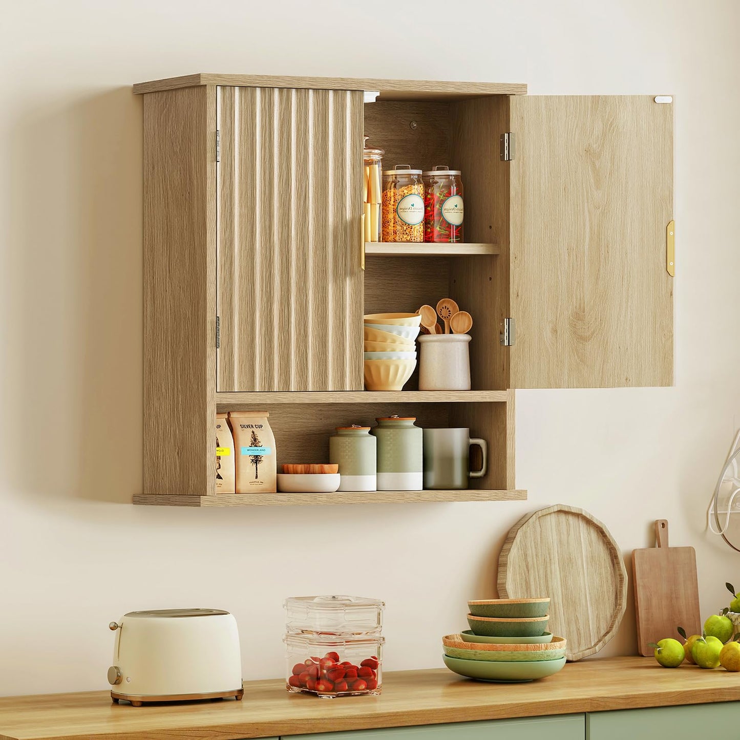 FIONESO Bathroom Wall Cabinet, Bathroom Storage Cabinet with 2 Barn Doors & Adjustable Shelf, Over The Toilet Wall Storage Cabinet, Medicine Cabinet, Laundry Cabinet, 13D x 55W x 60H cm, Natural