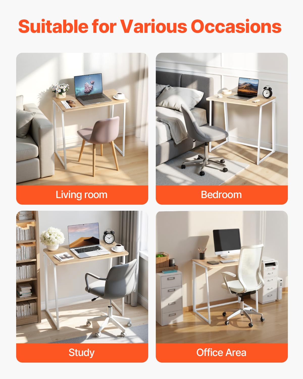 VEVOR Folding Desk, 31.5" Foldable Table for Small Spaces with Storage Hooks, Space Saving Computer Table, Writing Workstation for Home Office, Easy Assembly, Oak