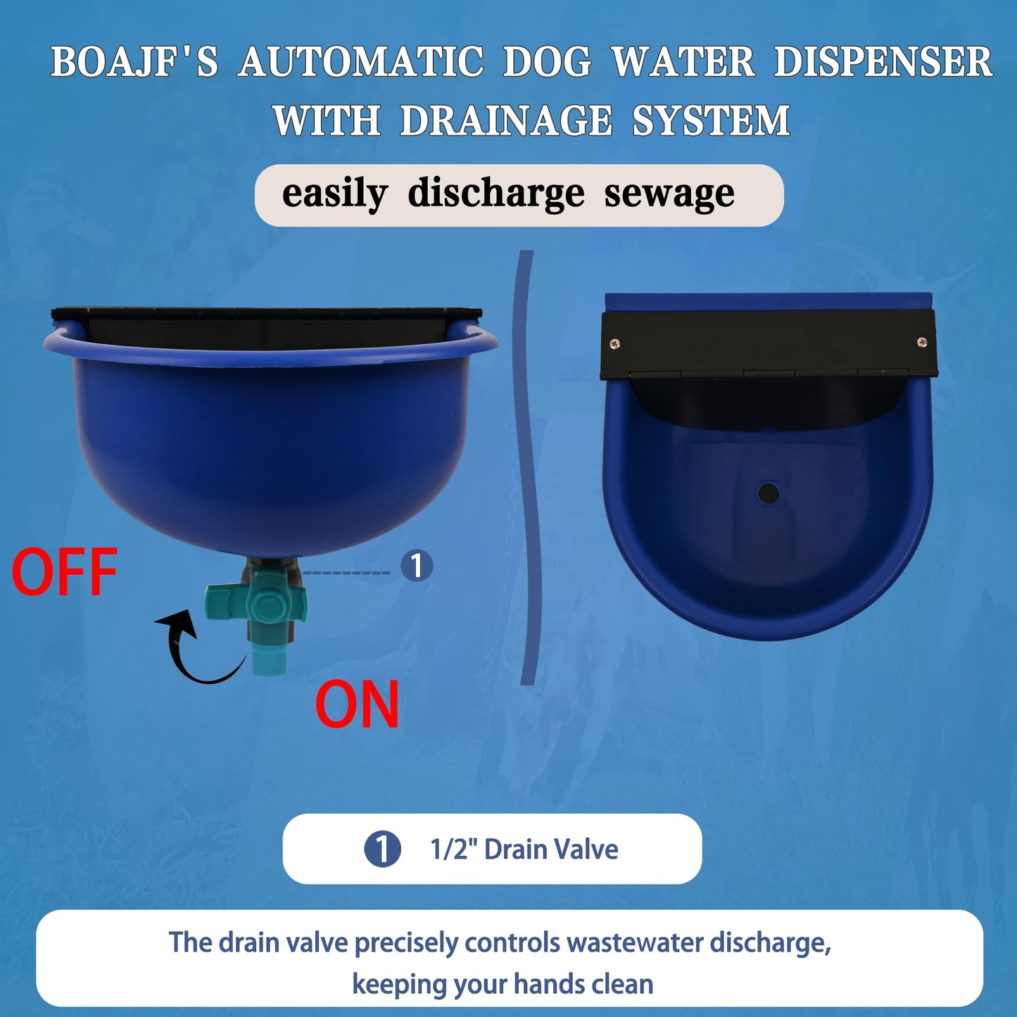 Boajf Automatic Water Dispenser for Dogs, with Drainage System & Auto Fill, 1 Gallon Plastic Outdoor Pet Waterer, Includes Drain Valve, Float Valve, Hose Quick Connector, for Horse, Chicken (Blue)
