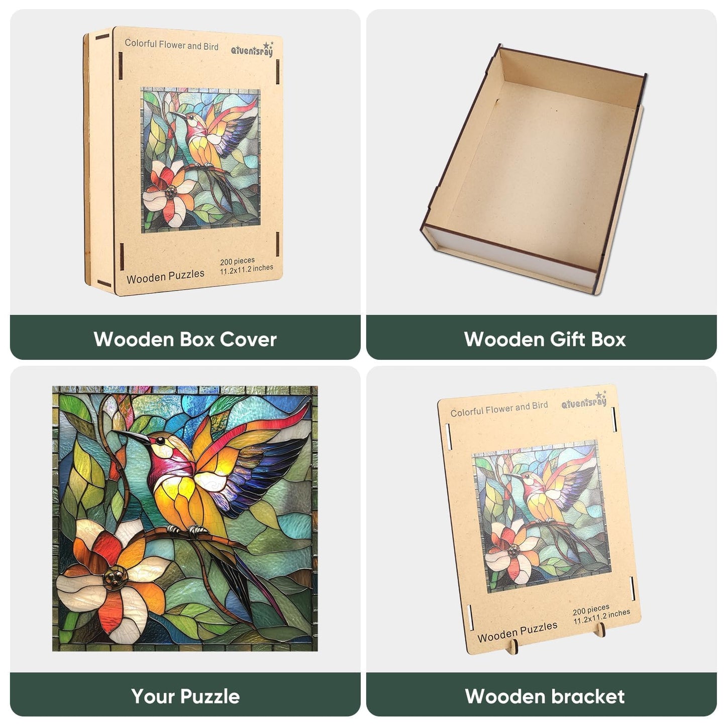 Qiuenisray Wooden Puzzle for Adults, 200 Pieces Hummingbird & Flower Jigsaw, Unique Shaped Pieces, Home Decor & Gift for Family and Bird Puzzle Lovers, 12.2 x 12.2 Inch