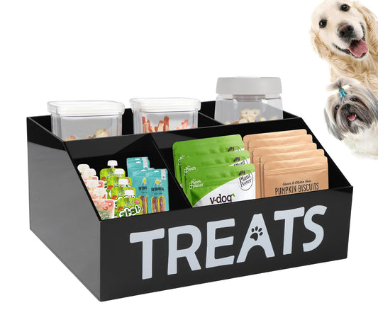 Brabtod Acrylic Dog Storage Organizer,Dog Treat Station with dividers,Trapezoid Dog Treat Container for Countertop,Cat Treat Storage Bin,Ideal for Dog Cat Bagged Snack or Can Food-Black