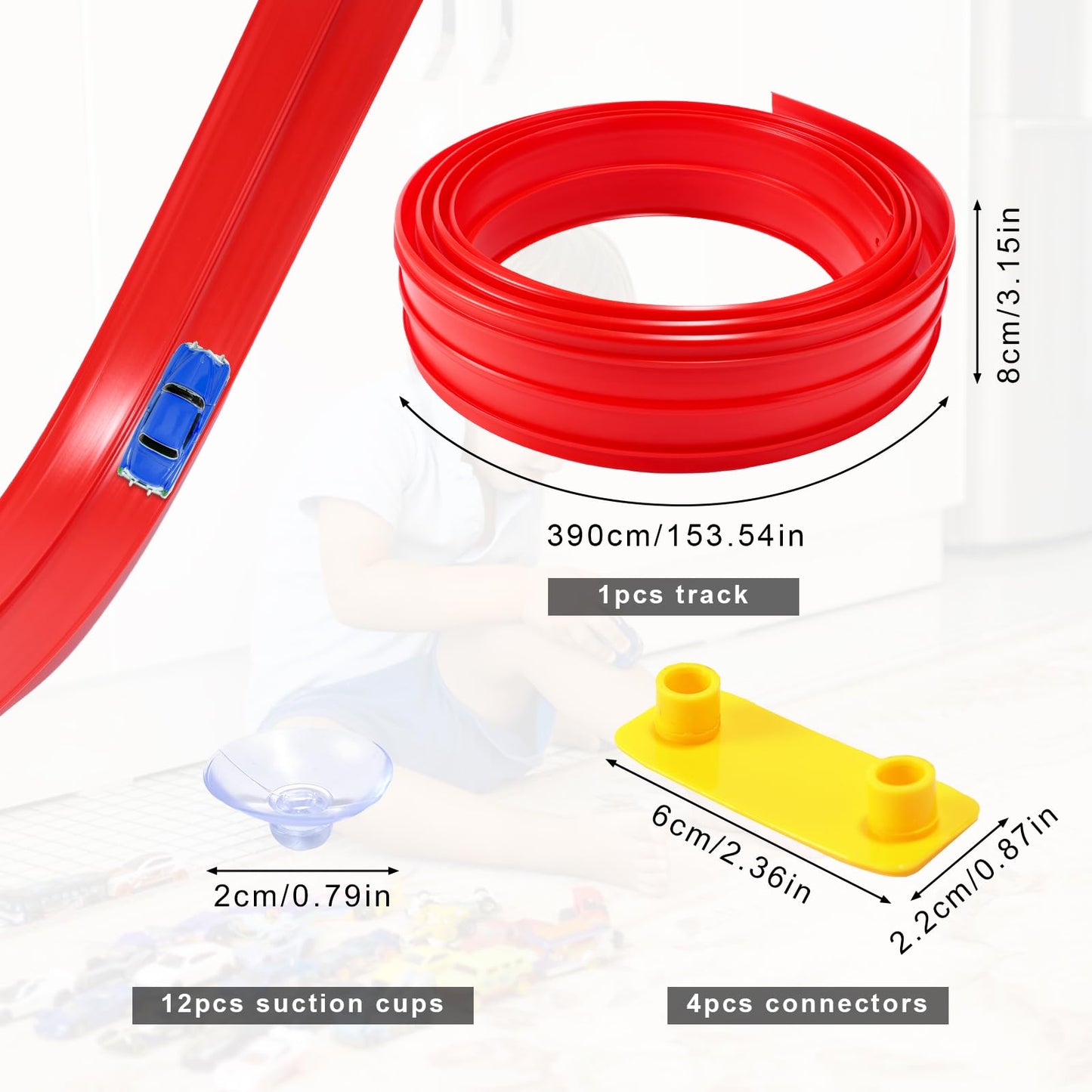 Roll Up Race Track for Kids, Flexible Long Race Speed Track Ramp with 12 Suction Cups Portable Flex Roll Up Racetrack Kit Suitable for Indoor Outdoor Playing