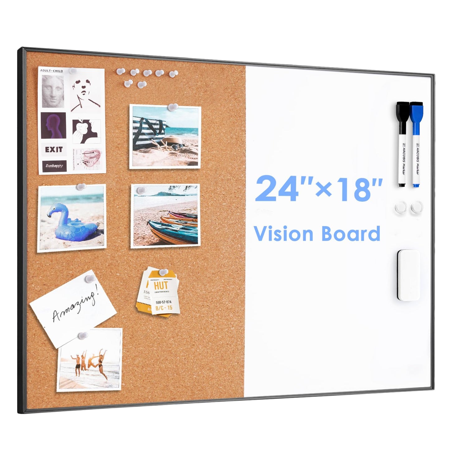 Dry Erase Cork Board Combo, ARCOBIS 24"X18" Bulletin White Board for Wall, Magnetic Corkboard, Vision Whiteboard for Office,Home,School Black Frame