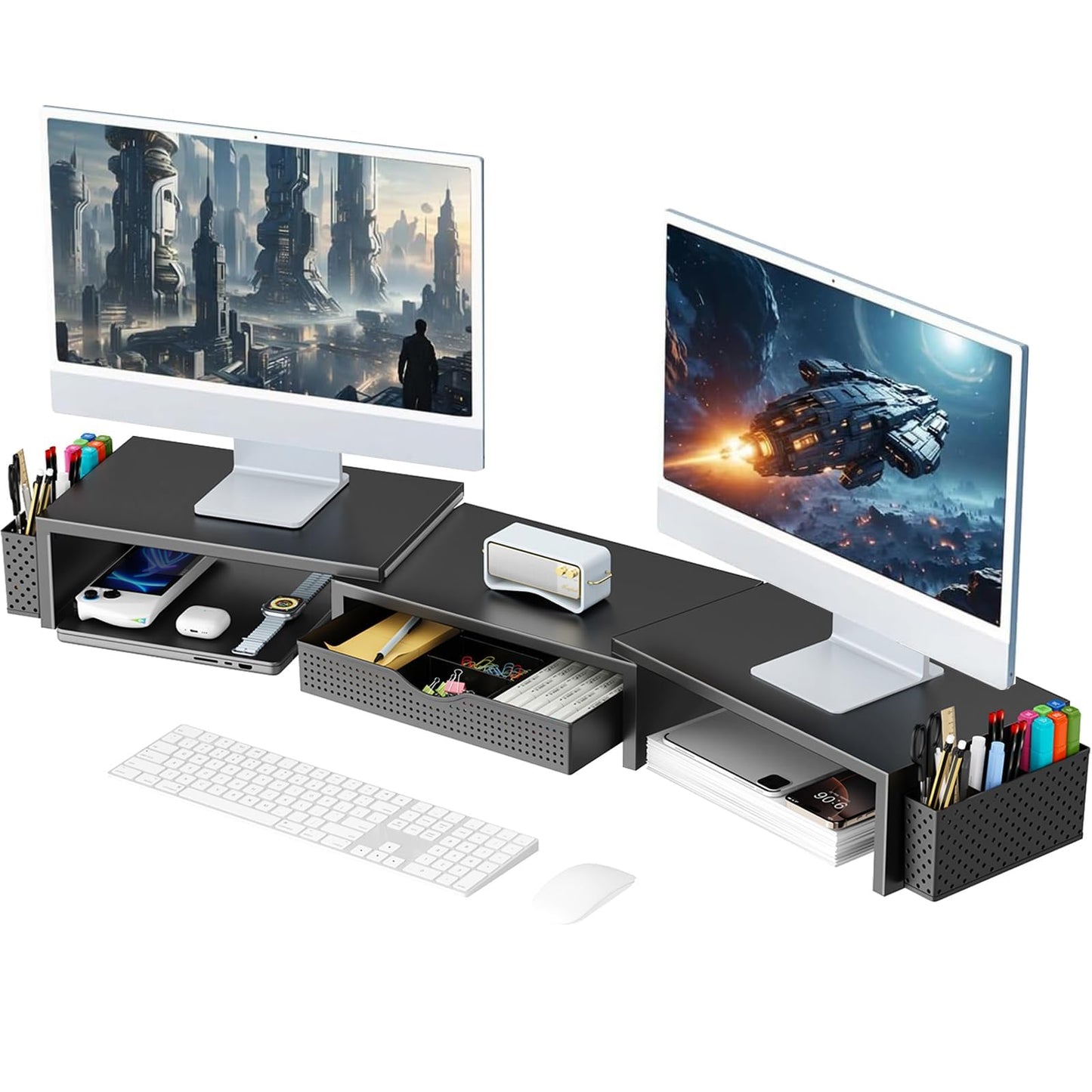 Oillase Dual Monitor Stand Riser, Desk Organizer With Drawer and 2 Pen Holders, Computer Monitor Stand, Shelf for Top of Desk, Black