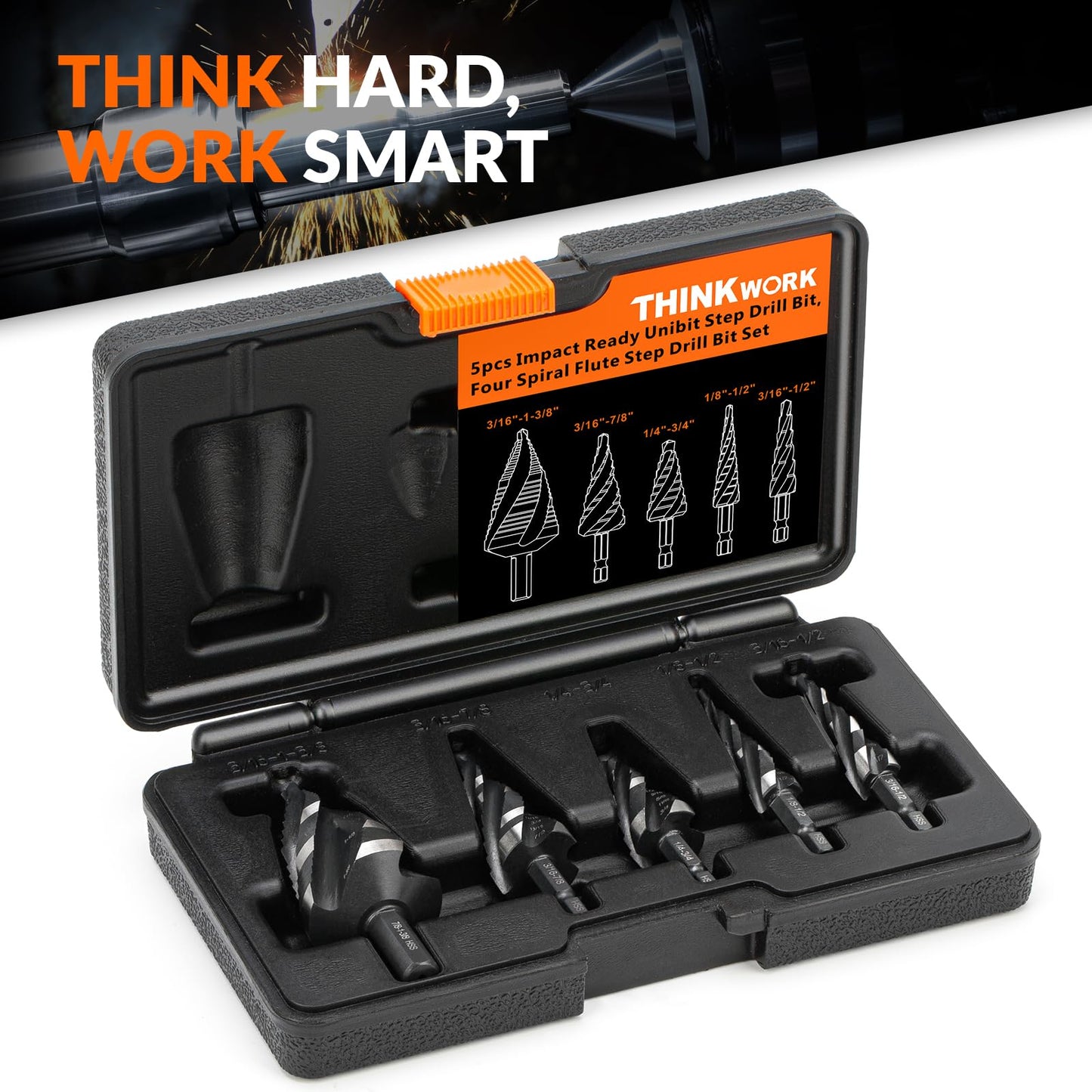 THINKWORK Four Spiral Flute Step Drill Bit Set, 5 Pcs HSS Step Drill Bits (1/8"-1-3/8") Unibit, 1/4" and 3/8" Shank Step Bits for Aluminum, Wood, Plastic, Metal