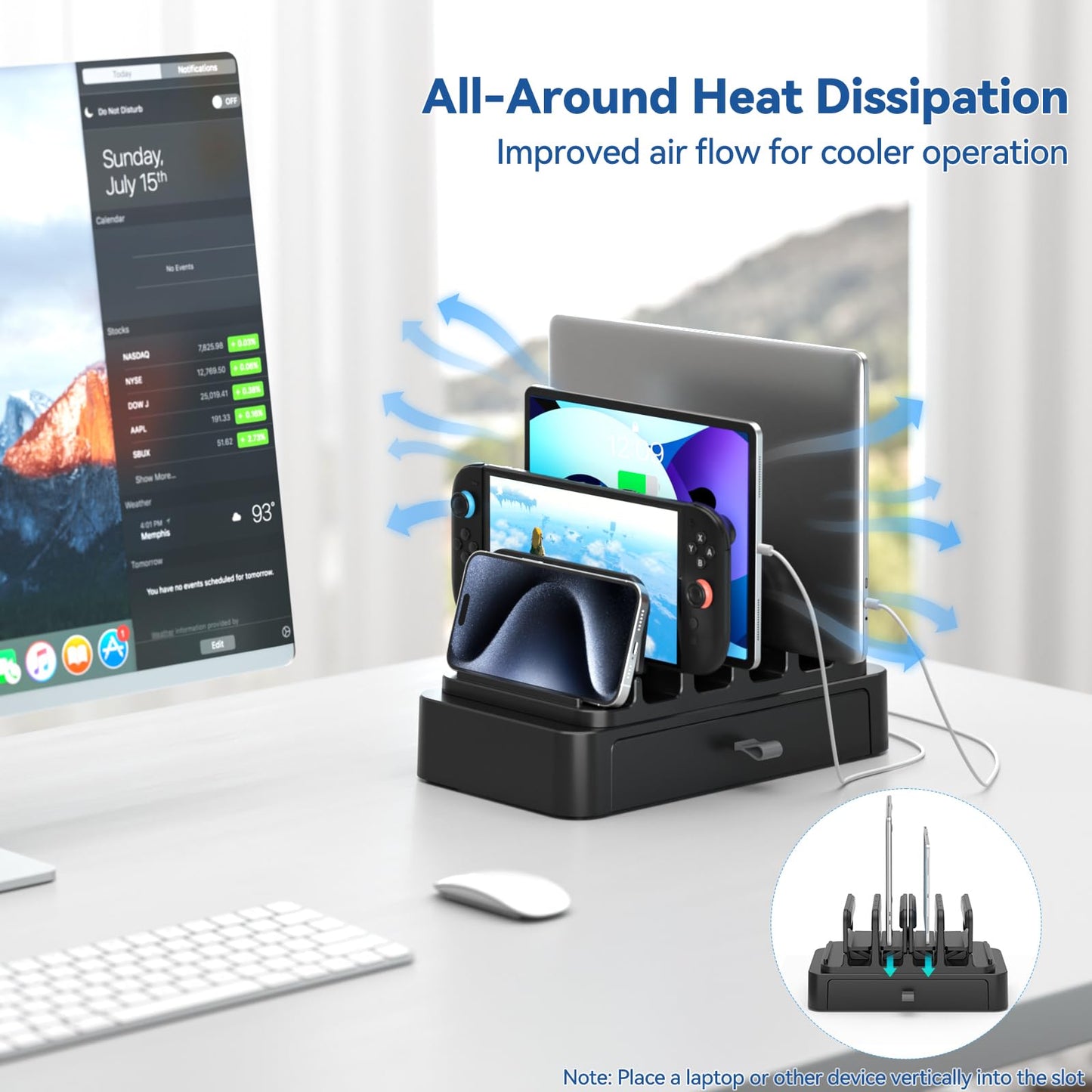 KDD Vertical Laptop Stand with Drawer, 7-in-1 Space-Saving Laptop Holder Organizer with Gravity Locking Fits MacBook Pro Air, Chromebook, Surface, HP, Dell, Tablet, Switch