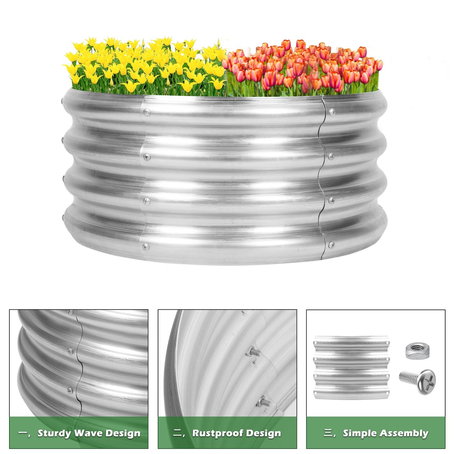 OUSHENG 3 Pack Round Galvanized Raised Garden Beds Outdoor, Steel Fire Pit Ring Flower Planter Large Metal Above Ground Boxes Kit for Gardening Vegetables Outside, 2x2x1ft