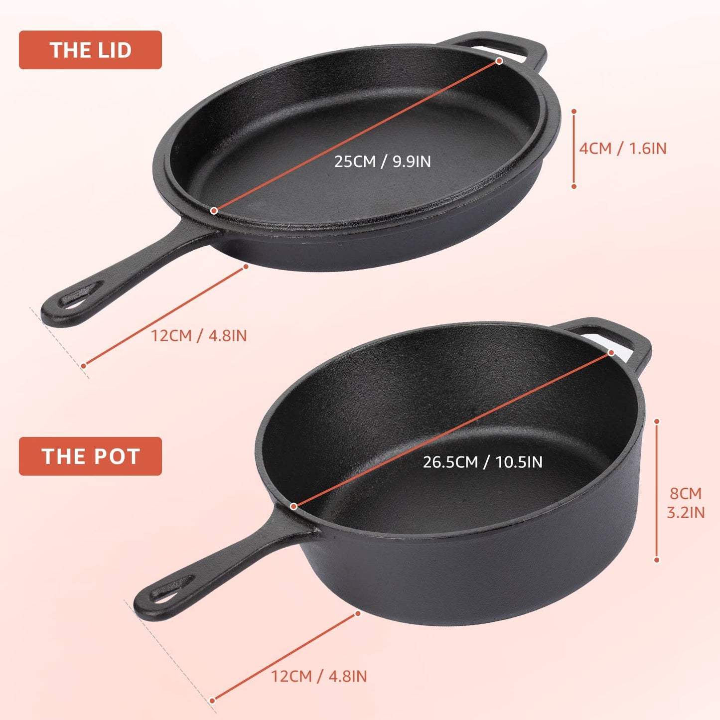 Overmont 2-in-1 Cast Iron Dutch Oven - 3.2QT Deep Pot with Frying Pan Lid & Recipe, Pre-seasoned Multi Cooker Skillet Suitable for Grill, Baking, Induction, Stovetop