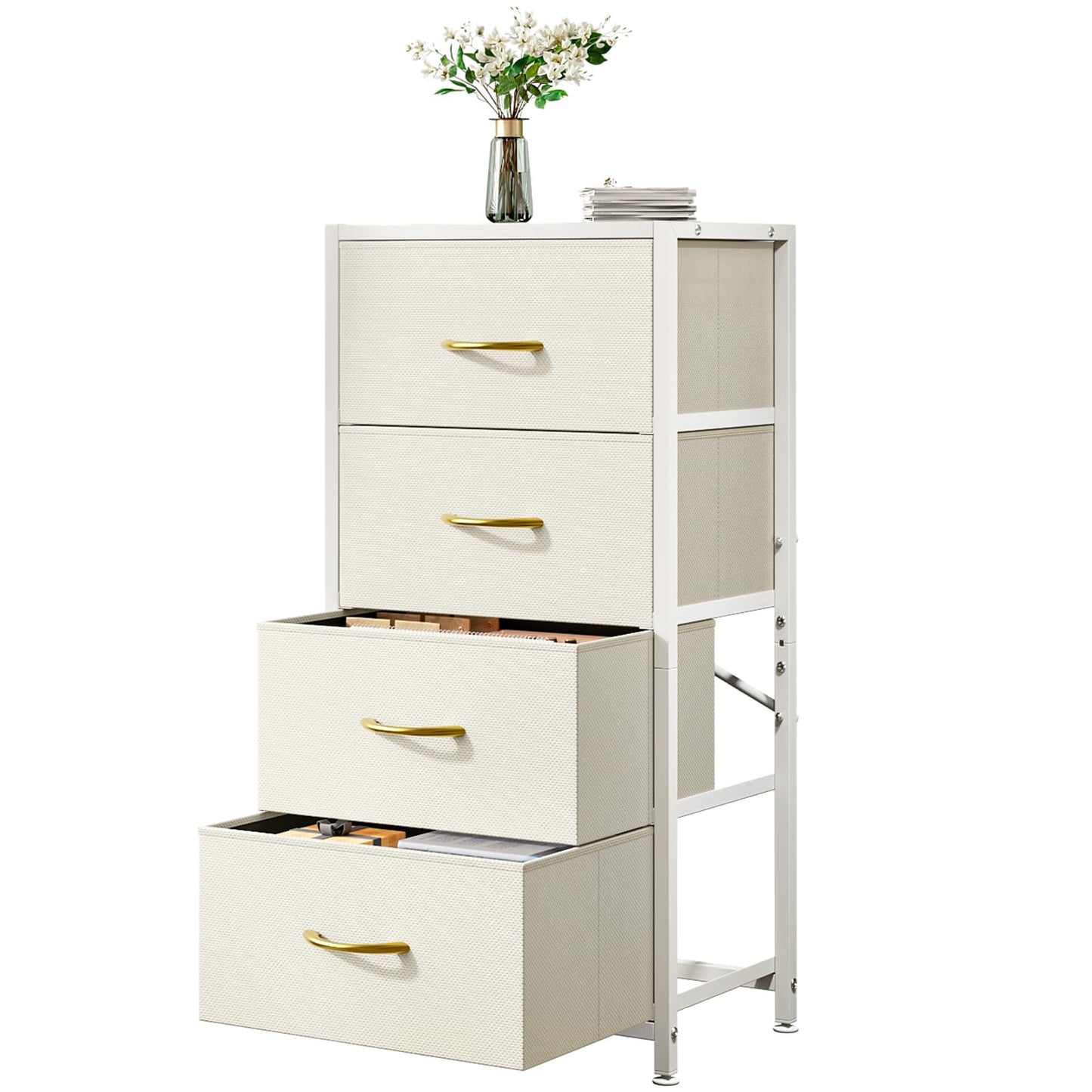 4-Drawer Dresser Vertical Storage Tower Fabric Dresser for Bedroom, Hallway, Entryway, Closet Organizer, Nightstand Bedside Table Furniture,Wooden Top (4-Tier, White)