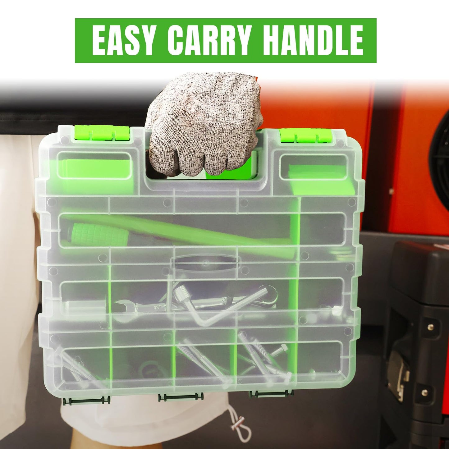 Jack Boss Tool Box with Transparent Lid, Double Side 34-Compartments Organizer Box with Removable Dividers for Hardware, Screws, Bolts, Nails, Beads, Jewelry and Fishing Accessories, Green, 2 Pack