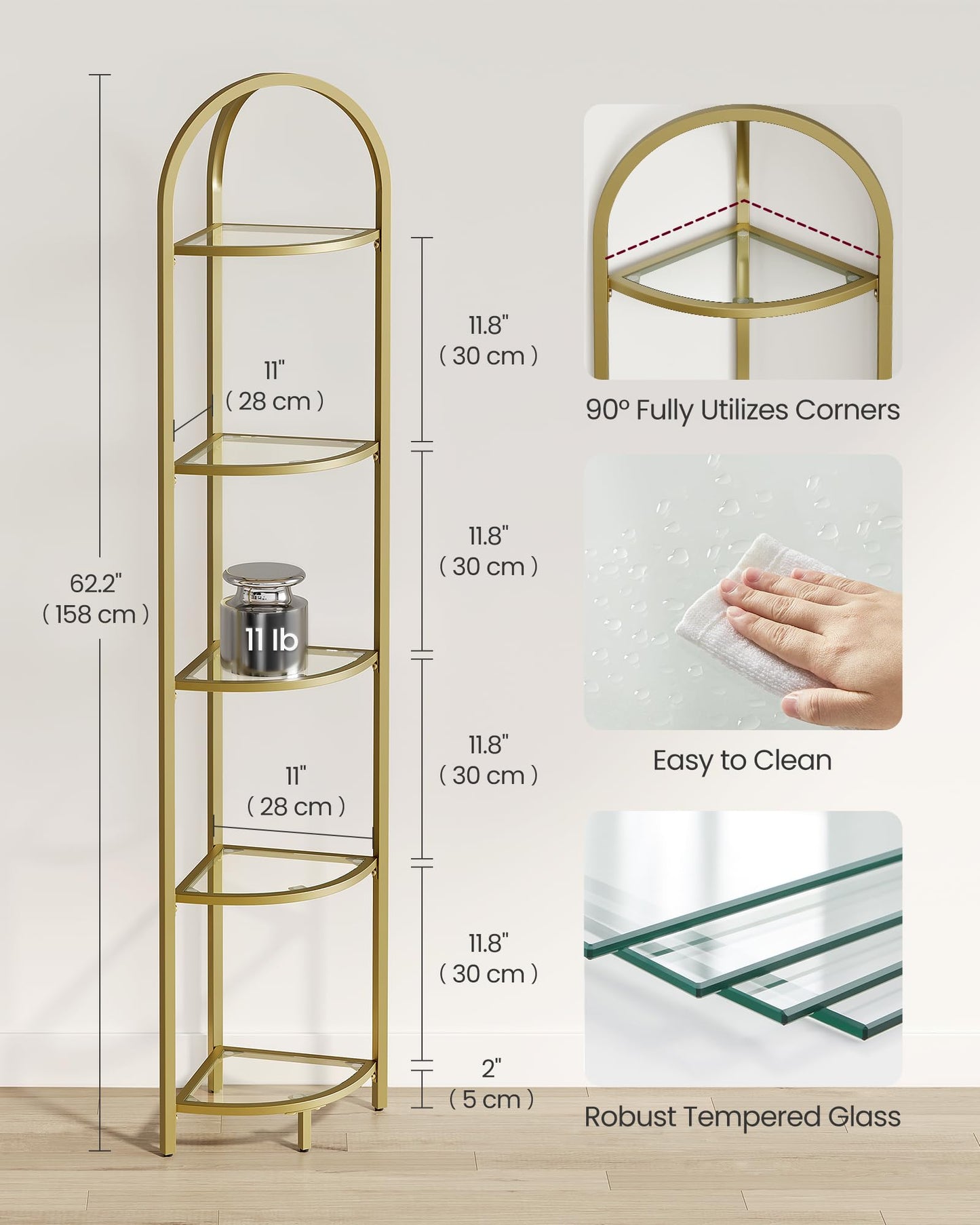 VASAGLE 5-Tier Corner Shelf Stand, Corner Bookshelf, Bathroom Organizer, Plant Stand, Tempered Glass, Metallic Gold ULGT810A01