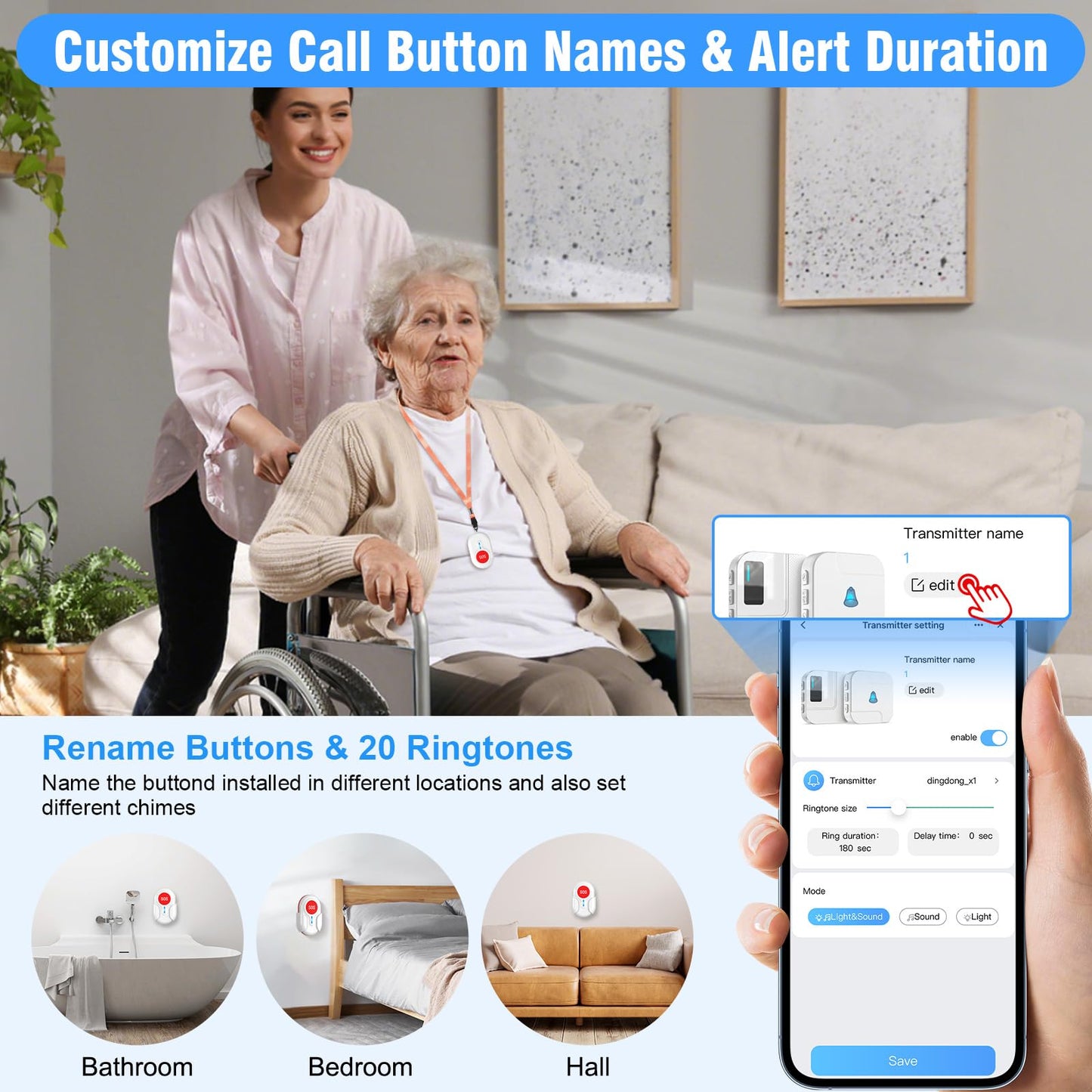 DAYTECH Wireless Caregiver Pager Emergency Button for Seniors WiFi Smart Caregiver Call Button Panic Alert System for Elderly, 1 Receiver 3 Panic Buttons