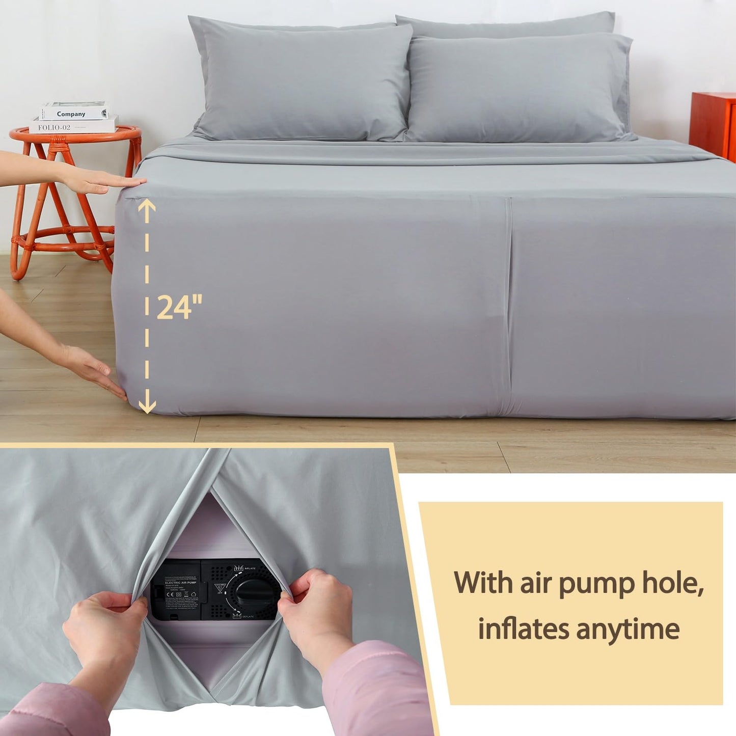 Air Mattress Sheet Set Queen Size,6 Piece Deep Pocket Bed Sheet Set for 16-24 Inch Air Bed,Easy Inflate Access,Perfect for Guest Room, RV, Camping,Gray