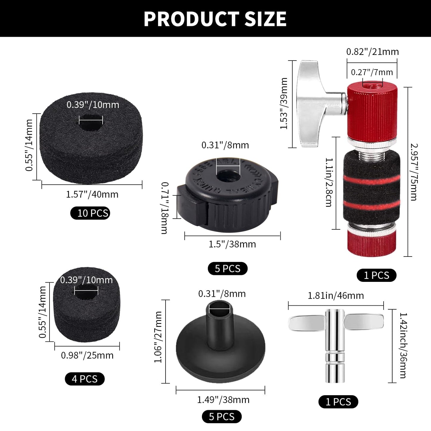 26PCS Cymbal Replacement Accessories, Standard Hi-Hat Clutch & Cymbal Stand Felts & Plastic Cymbals Nuts & Cymbals Sleeves & Clutch Felts and Drum Key T-Shape, Replacement for Drum Set