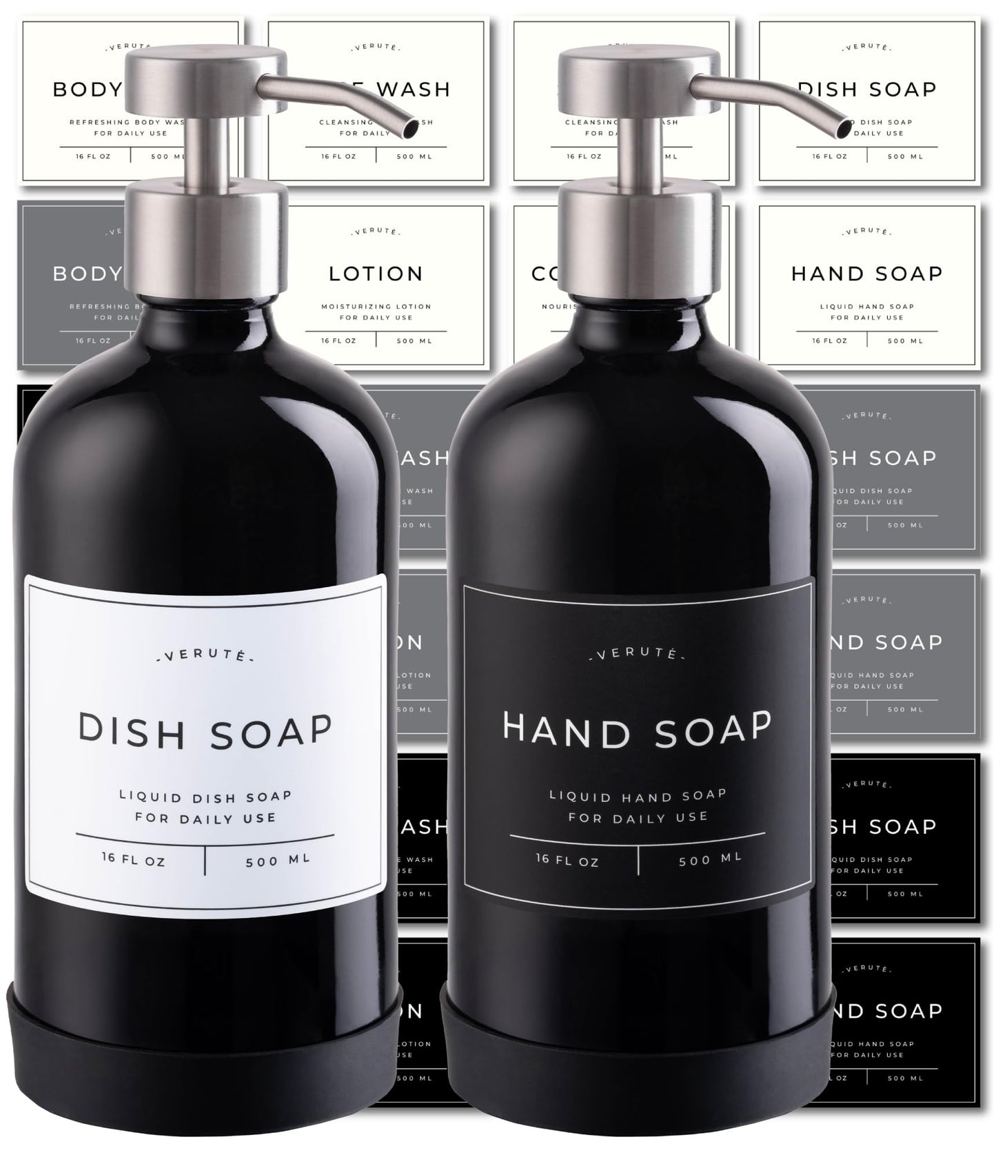 Verute 500ml Glass Soap Dispenser with Stainless Steel Pump, 21 Waterproof Labels, Non-Slip Protective Silicone Pad, Set of 2 for Bathroom & Kitchen (Gloss Black Bottle/Brushed Silver Pump)