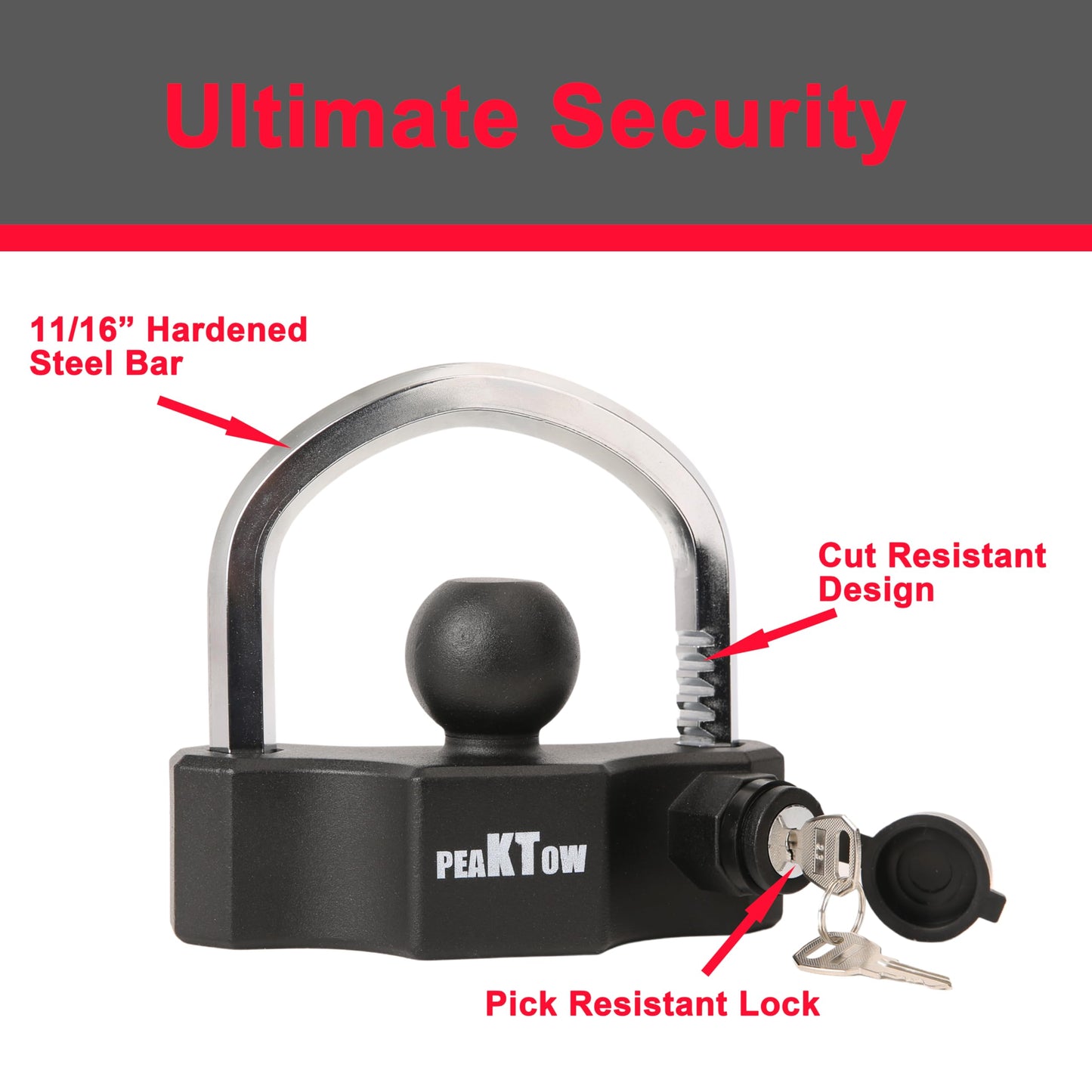 PEAKTOW Heavy Duty Universal Adjustable Coupler Lock Trailer Hitch Storage Security Lock Fits 1-7/8, 2, 2-5/16 Inches Couplers with 2 Keys, Anti-Theft and Top Tier Security, Black