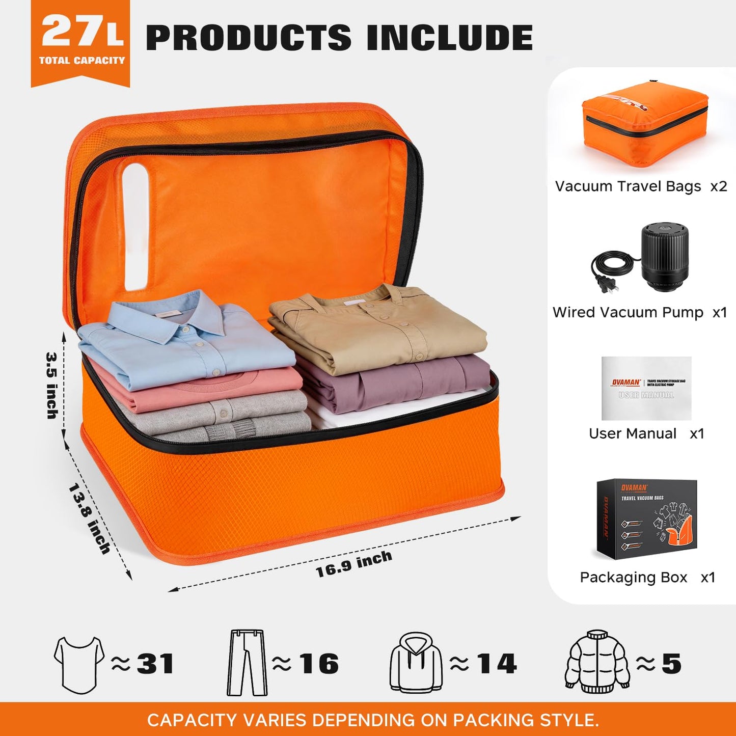 Vacuum Bags for Travel with Wired Pump, Travel Compression Bags for Clothes, 180° Open Zipper, Save 80% Space, IP68 Waterproof Space Saver Bags for Suitcase Backpack Home Storage (2 Pack + Pump)