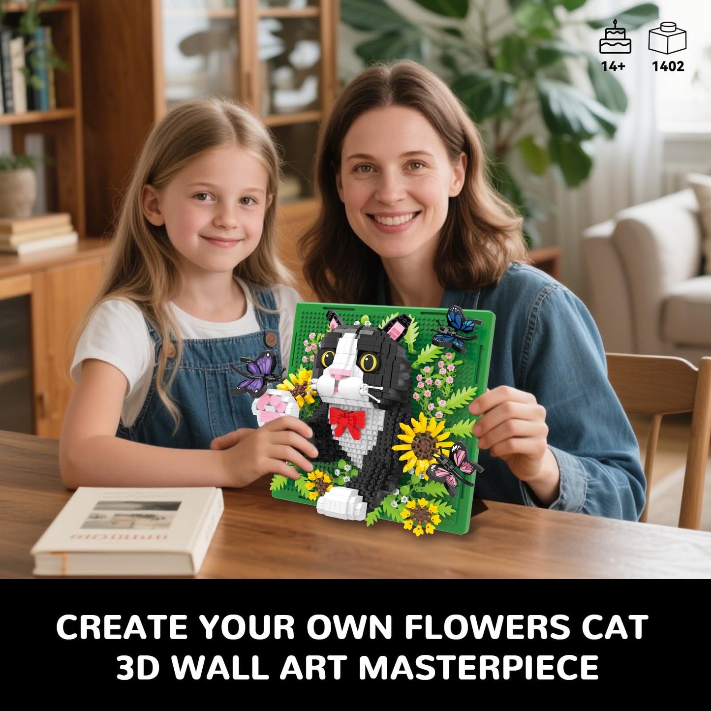 Flowers Tuxedo Cat Animal 3D Wall Art Micro Mini Building Blocks Set, Unique Home Wall Decor or Table Display, No Compatible with Lego, Ideal Gift Toy for Adults & Boys Girls 14+ (1402 PCS)