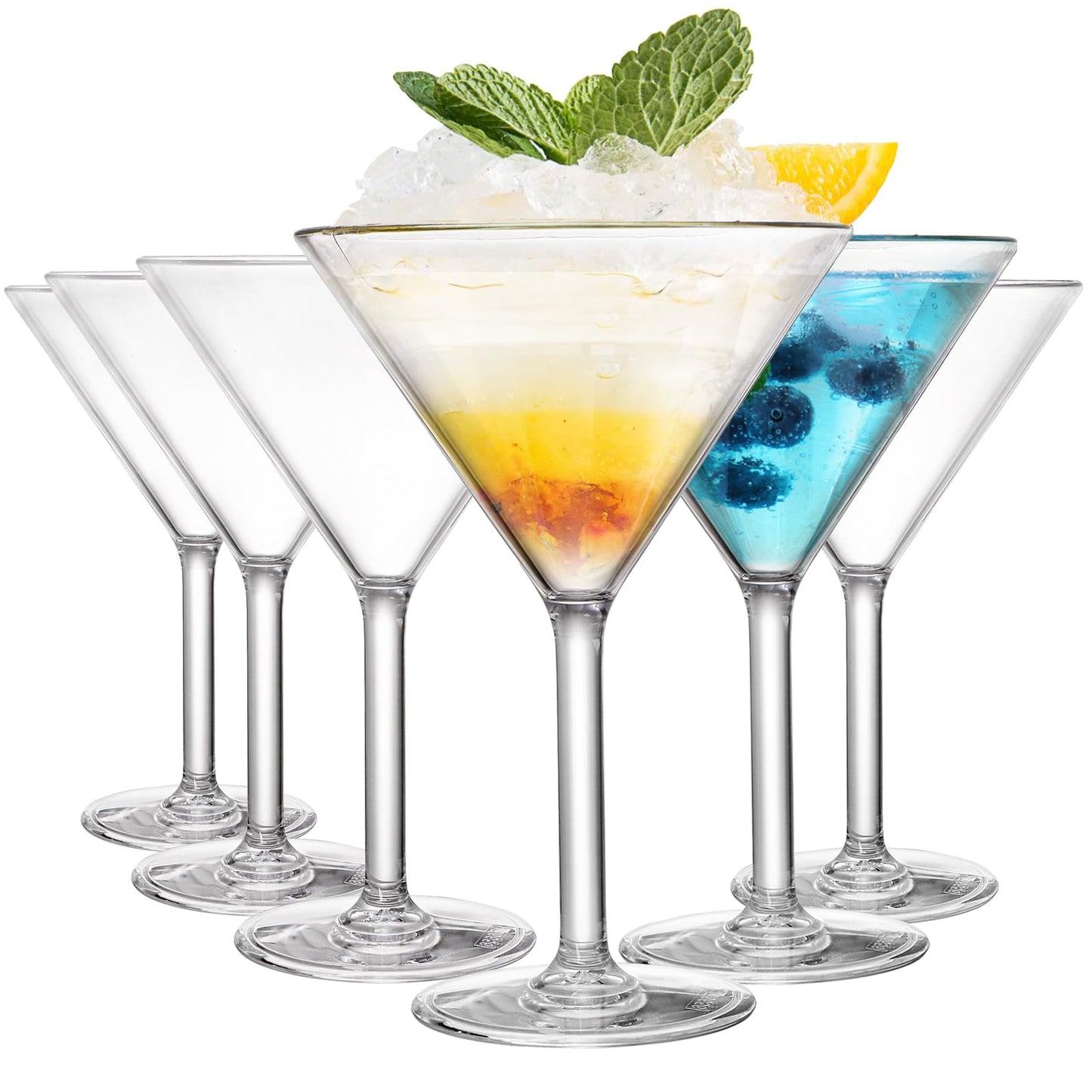 Yopay Set of 6 Unbreakable Martini Glasses, 10 Ounce Plastic Cocktail Glasses for Whiskey, Margarita, Manhattan, Holiday, Party, Reusable, Break Resistant, Clear Polycarbonate Glassware