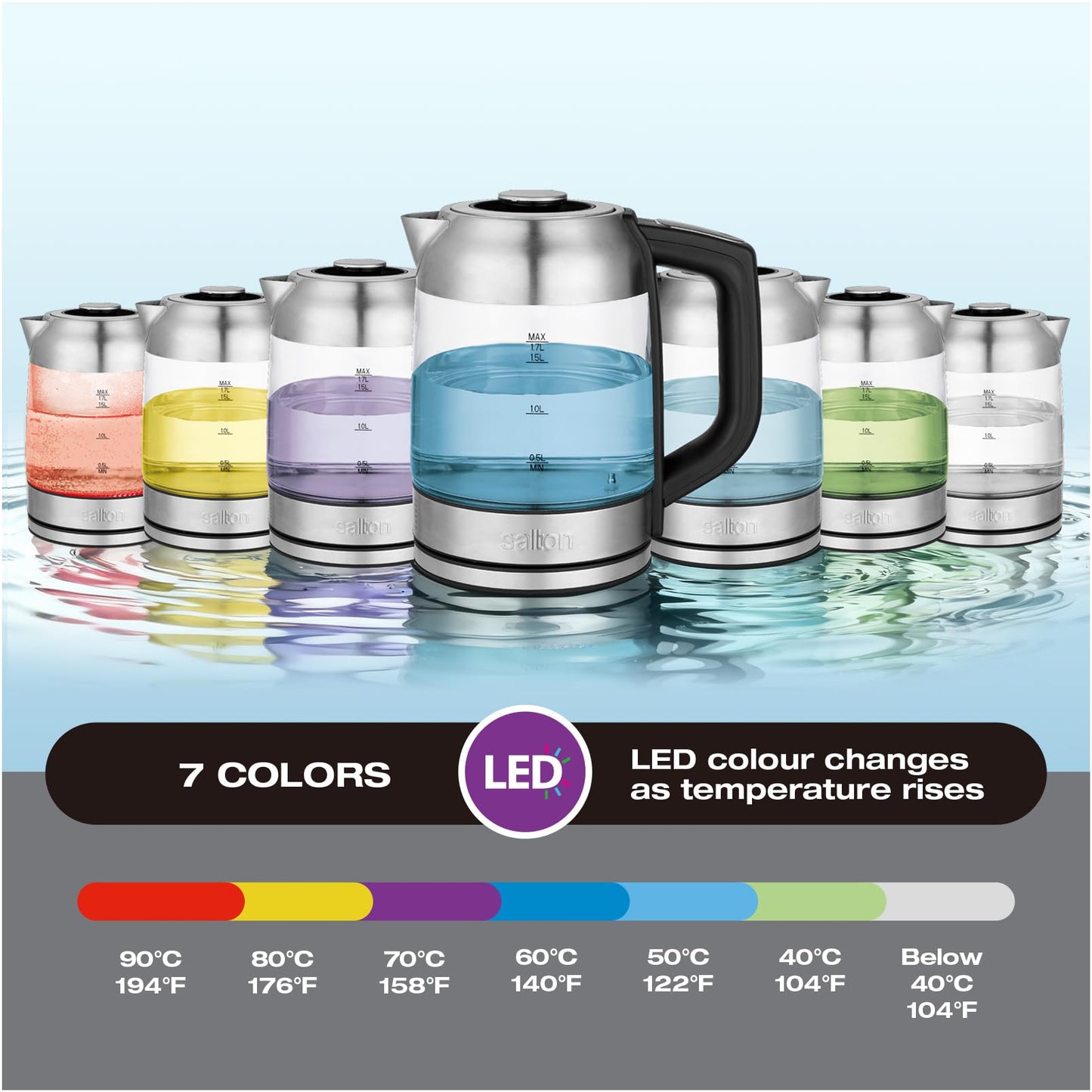 Salton Temperature Control Glass Kettle – 1.7 L | 7 Temperature Settings (104°F–212°F / 40°C–100°C) | Bonus Tea Steeper | LED Colour Change | Keep Warm Function | 360° Swivel Base | Proudly Canadian