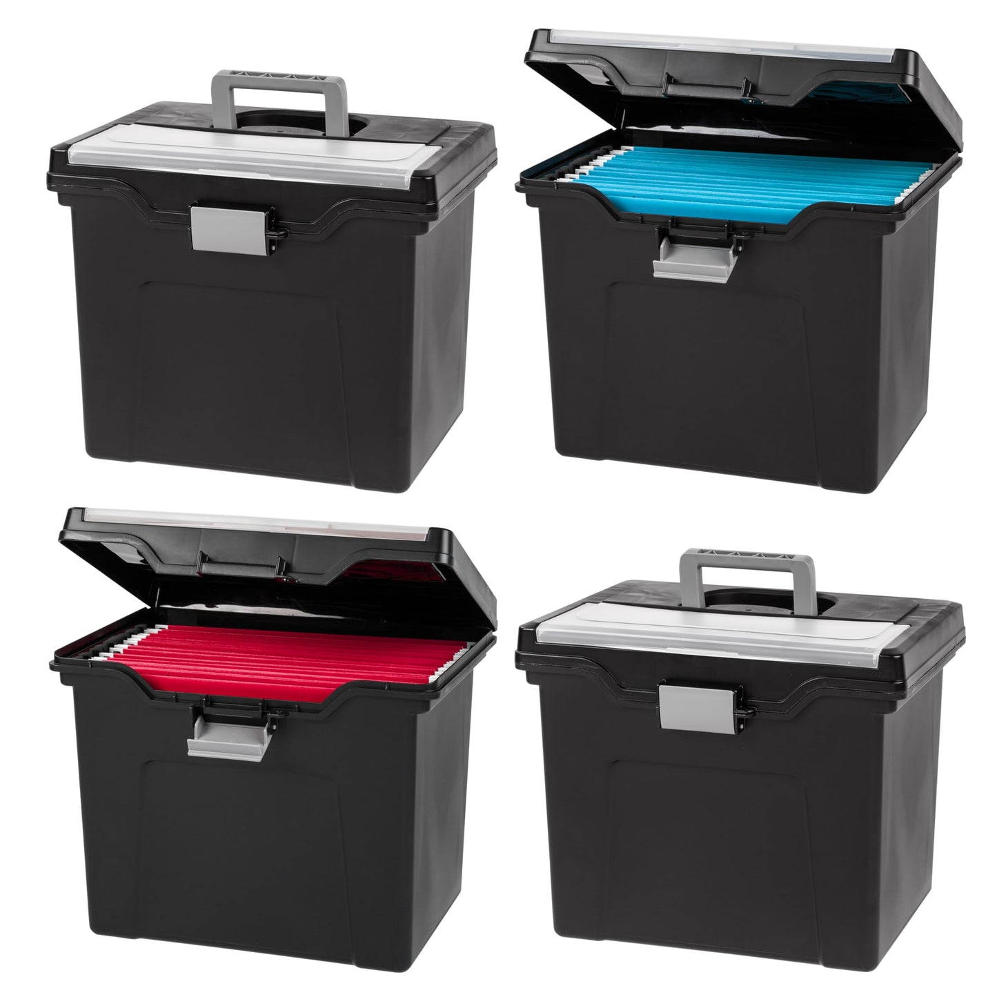 IRIS USA Plastic File Storage Box, Portable Letter Size File Organizer with Lid, Secure Buckle & Handle, BPA-Free Storage Organizer, 4 Pack, Black