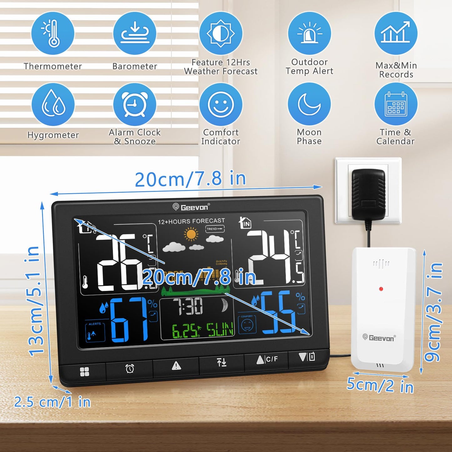 Geevon Weather Stations Wireless Indoor Outdoor Thermometer, Color VA Display Digital Temperature Humidity Monitor with Barometer, Time, Calendar, and Adjustable Backlight