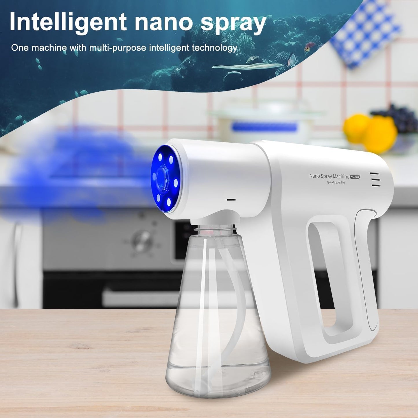 S OUJCEN ULV Electrostatic Fogger with Blue Light Technology | 380ml Rechargeable Nano Mister for Multi-Surface Care | Handheld Portable Atomizer (K5 Plus)