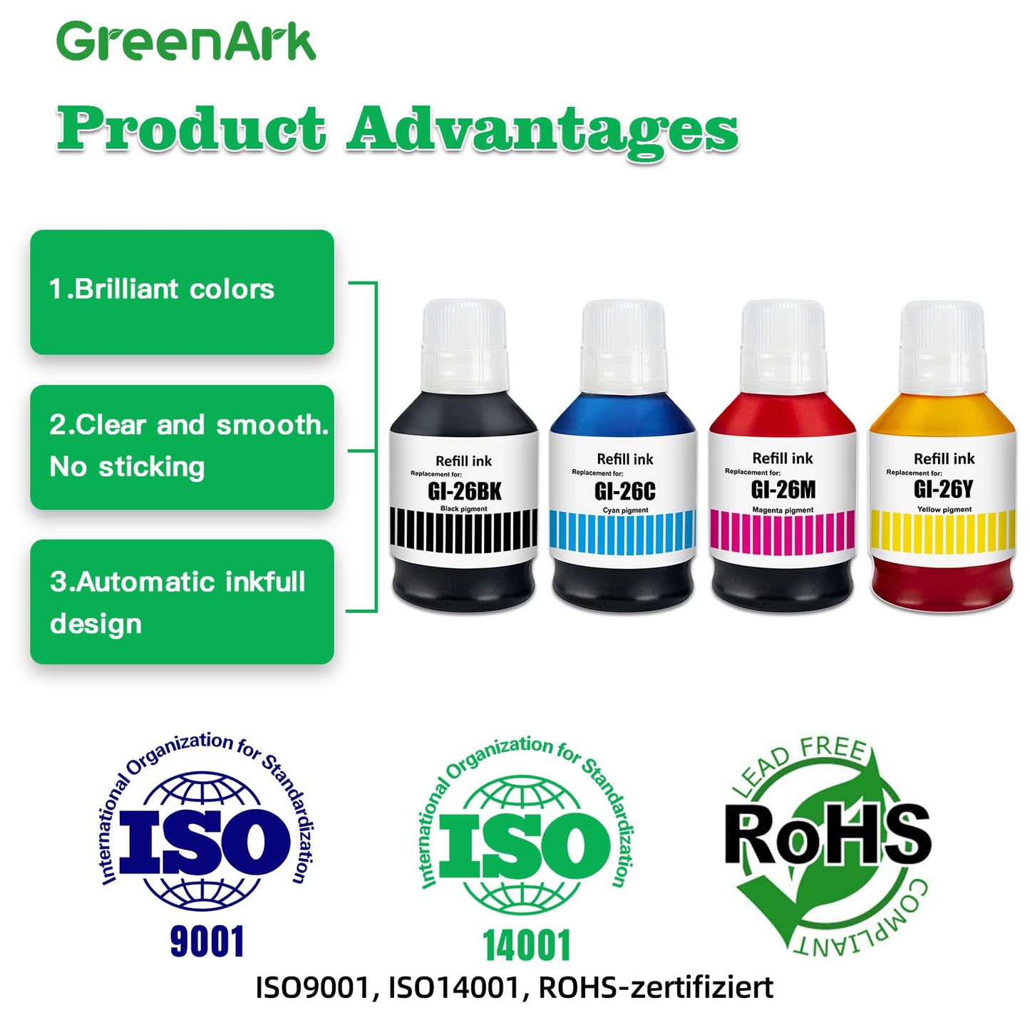 GREENARK GI-26 GI26 Ink Compatible for Canon GI-26 Refill Bottle Ink Replacement for Canon MAXIFY GX3020 GX4020 GX5020 GX5520X GX6020 GX6021 GX7020 GX7020X GX7021 (4 Packs,Black Cyan Magenta Yellow)