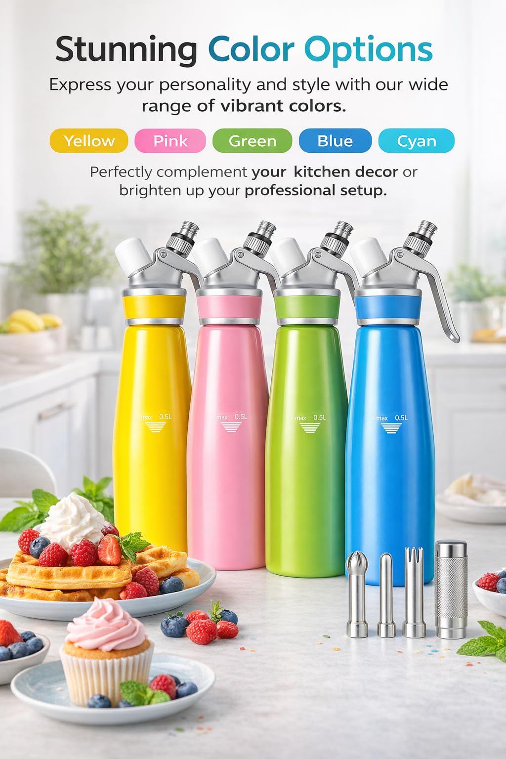 Whipped Cream Dispenser–Double Wall Insulated Aluminum Water Bottle with Stainless Steel 3 Nozzles, Extra-Large Capacity Whipping Cream Maker for Desserts, Coffee, Cocktails More