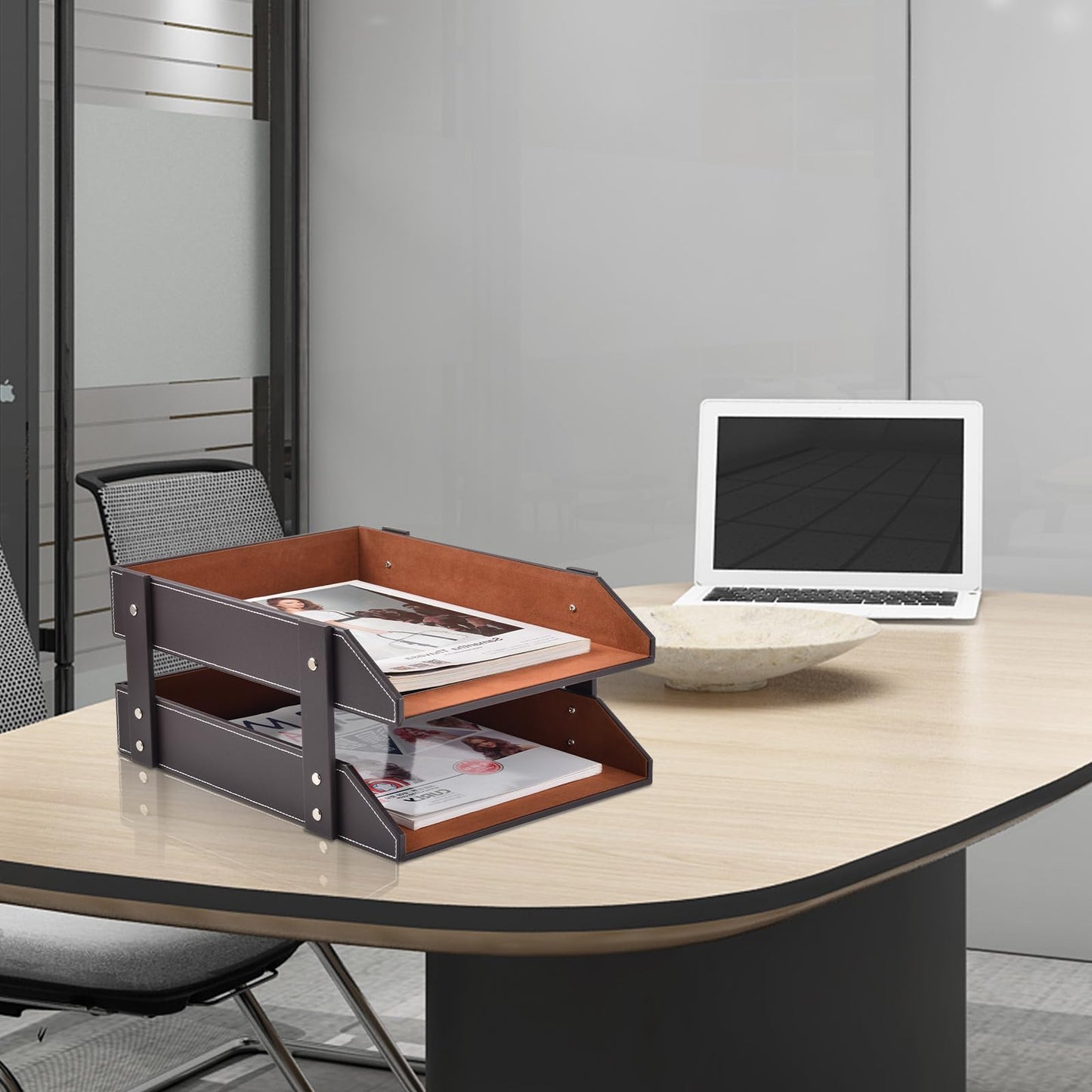 Leather Desk File Supply Organizer,Stackable Office File Document Tray for Files, Folder, Stationery, Magazine, Newspaper, Mail, Home Sundries Desktop Organization Holder,Coffee
