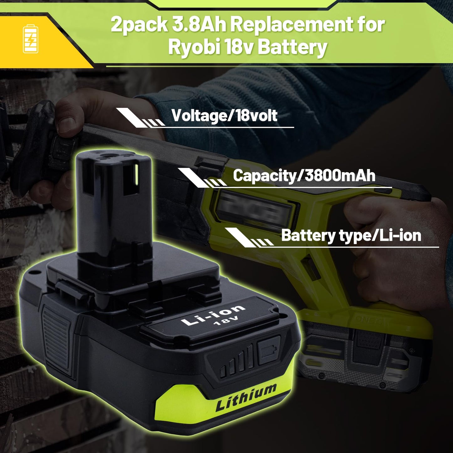 Upgrade 2-Pack 3800mAh Replacement for Ryobi 18V Battery Compatible with Ryobi 18V Lithium Battery P102 P103 P104 P105 P107 P108 P109 P190 P122 for ryobi 18 Volt Cordless Power Tools