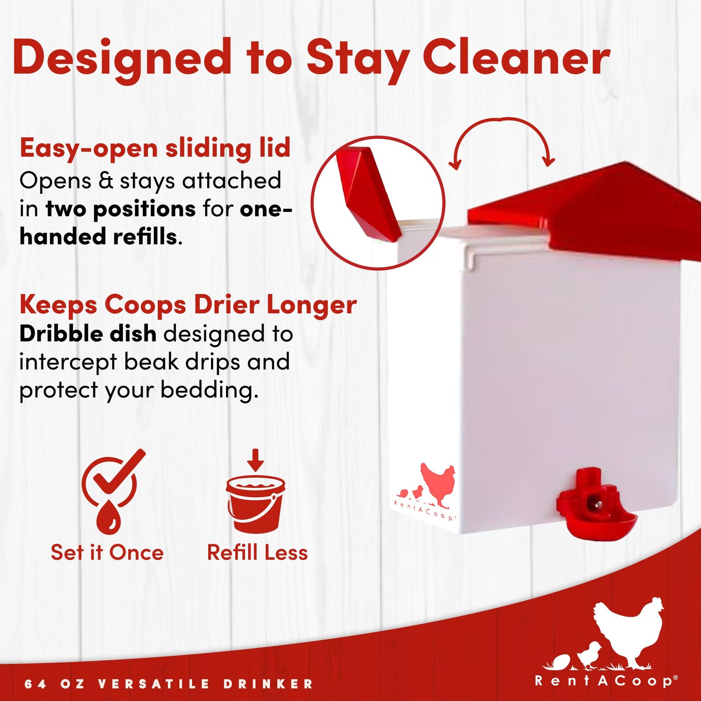 RentACoop 64oz(2L) Drinker Plus 2 Versatile Nipples - Suitable for Chicks, Quail, Pigeons, Doves, and Other Smaller Birds