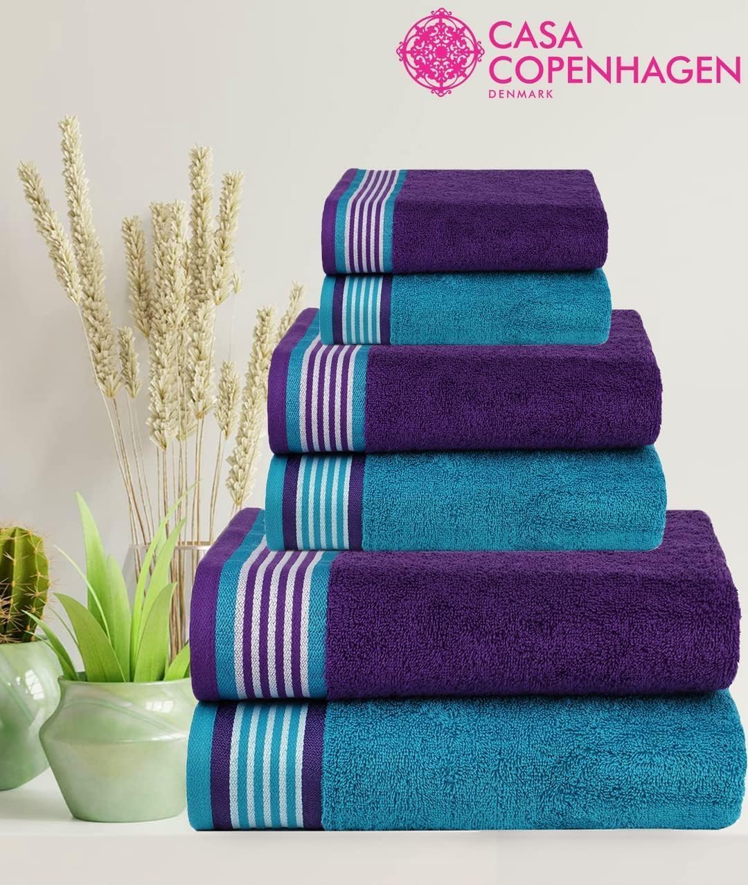 Casa Copenhagen He & She 6 Pieces Towel Set- Violet Indigo + Teal Green, 550 GSM 2 Bath Towel 2 Hand Towel 2 Washcloth, Designed in Denmark Made of Soft Egyptian Cotton for Bathroom, Kitchen & Shower