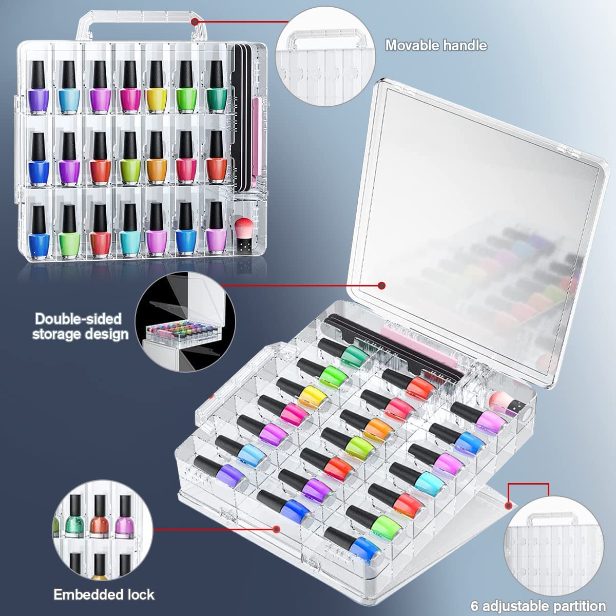 Beloving 2Pcs Nail Polish Organizer, 48 Bottles Clear Nail Polish Holder with Adjustable Divider, Portable Gel Nail Polish Storage Double Side Nail Polish Organizer Case for Nail Tech