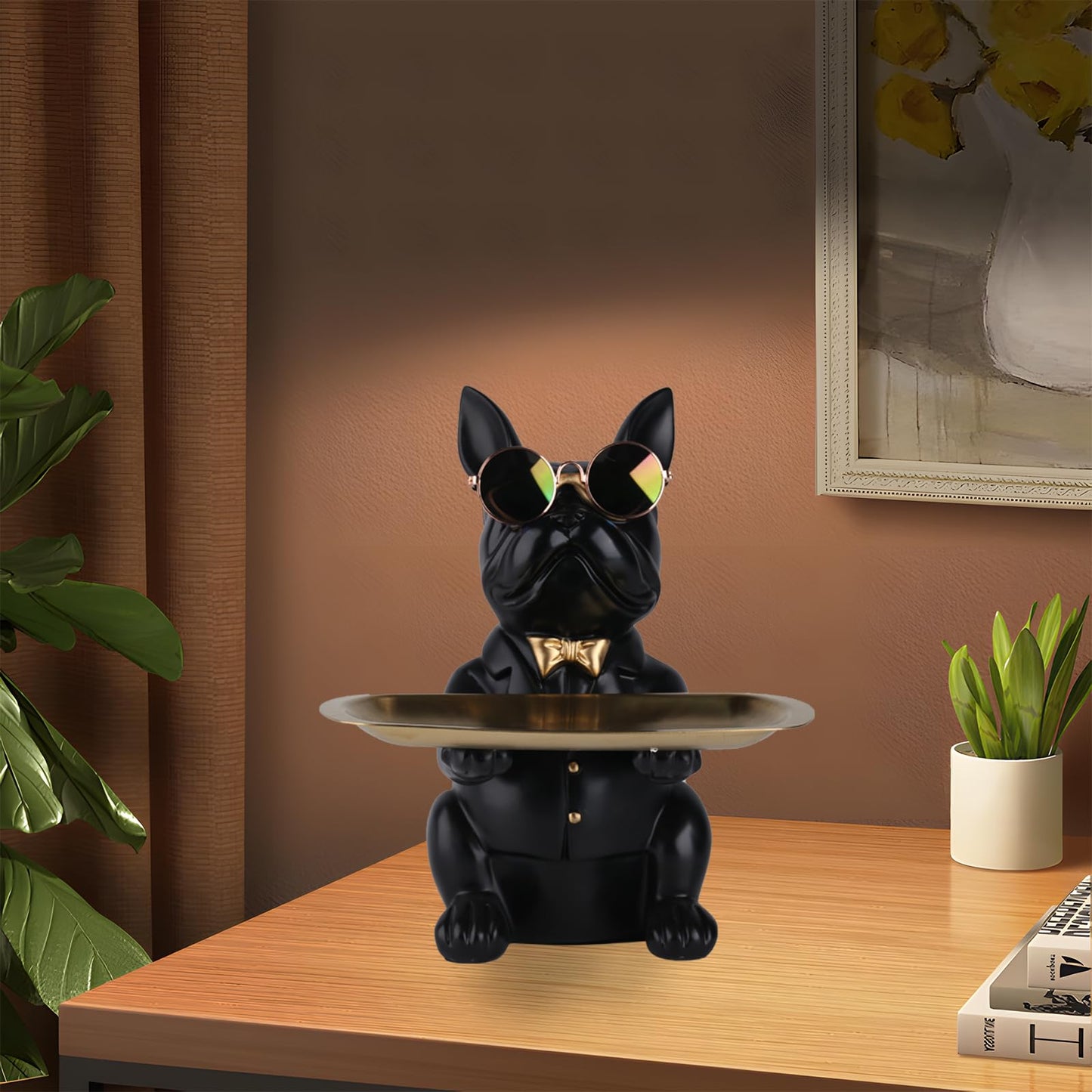 XYQXYQ French Bulldog Statue, Resin Dog Butler Decoration Storage Tray, Modern Home Decor Creative Cute Dog Storage Tank, Applicable for Storing Wallet, Key, Necklace, Candy(Black)