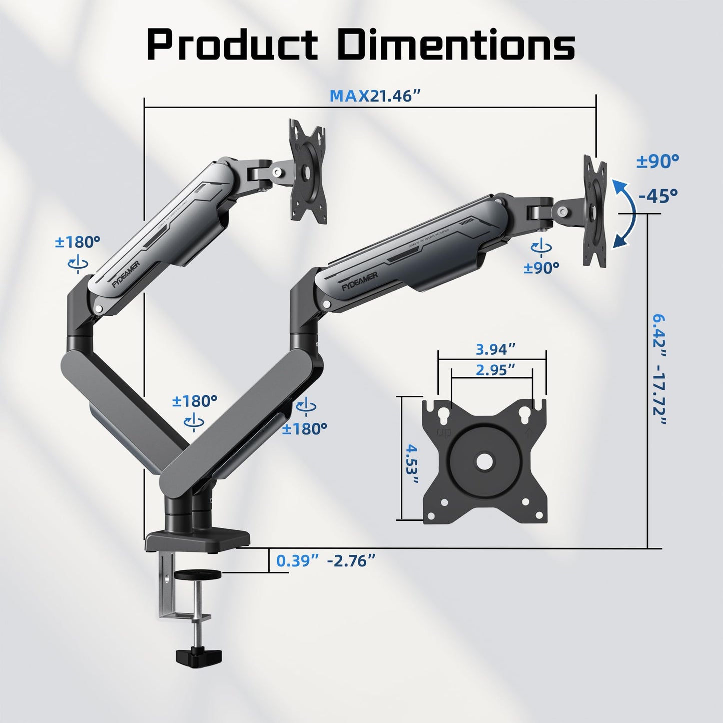 Fydeamer Dual Monitor Arm, Heavy Duty Gas Spring Monitor Mount for 17-32 Inch Screens up to 19.8lbs, Full Motion Adjustable Desk Mount with VESA 75x75/100x100mm, Gray & Black
