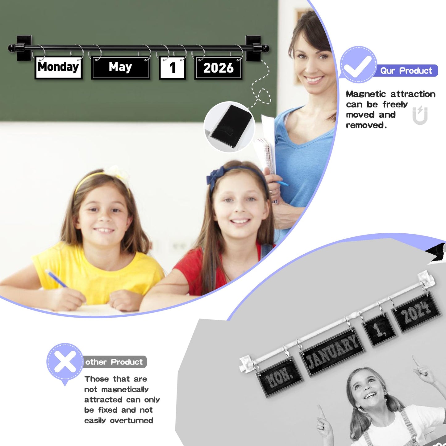 2026 Upgraded Magnetic Rod Black and White Flip Calendar for Classroom, Classroom Calendar Date Cards Black and White Classroom Decor Bulletin Board Set