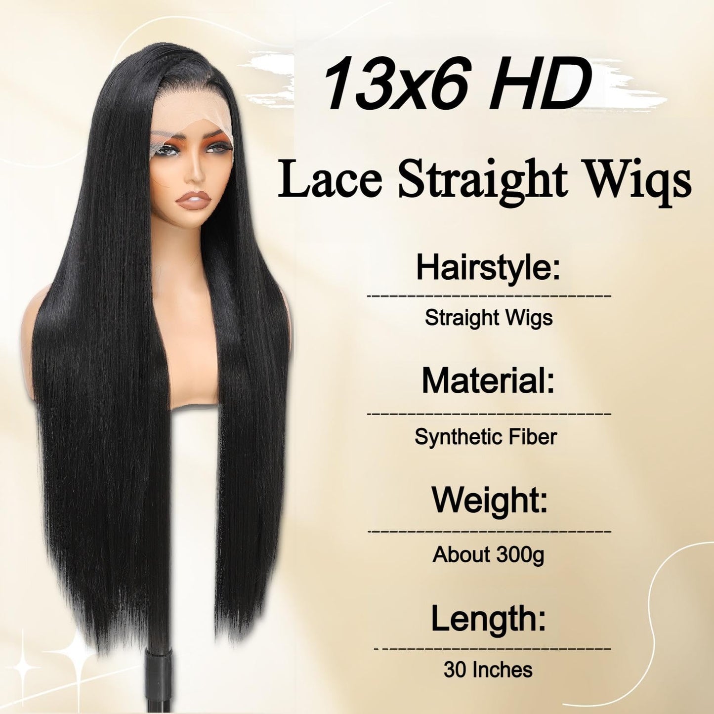 Geogroket 13x6 Lace Frontal Wig Long Straight Wigs Pre-Plucked Hairline with Baby Hair Transparent Swiss Lace Heat Resistant Synthetic Glueless Lace Front Wigs for Girls Daily Party Use 30 Inch (#1B)
