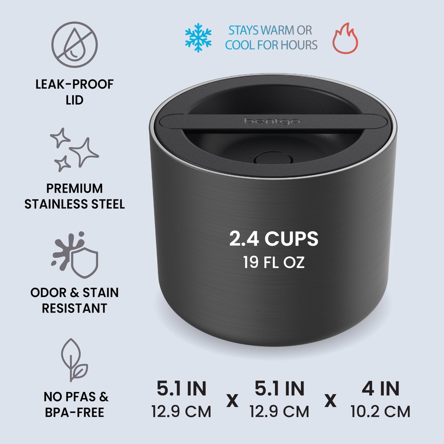 Bentgo Stainless Insulated Food Container - 2.4 Cups (19 oz), Triple-Layer Insulation, Vacuum Seal, Leak-Proof, Built-In Handle, Wide Opening, Premium Stainless Steel, for Cool/Warm Foods (Black)