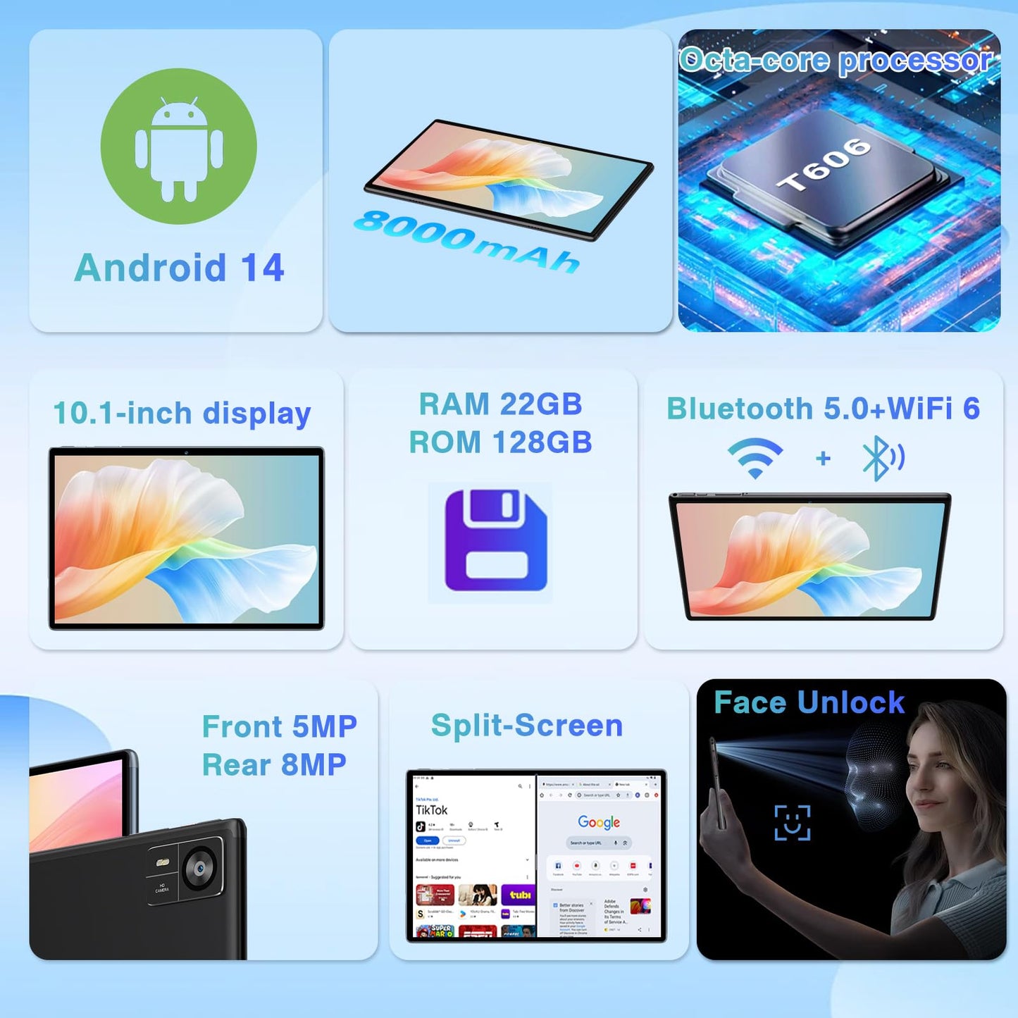 Android 14 Tablet 10.1 inch 22GB RAM 128GB ROM 1TB Expand, 8000mAh Tablets with Keyboard Mouse, Octa-Core, HD Touchscreen, 5G Wi-Fi, BT 5.0, GPS, Widevine L1, Split Screen, Face Unlock - Black